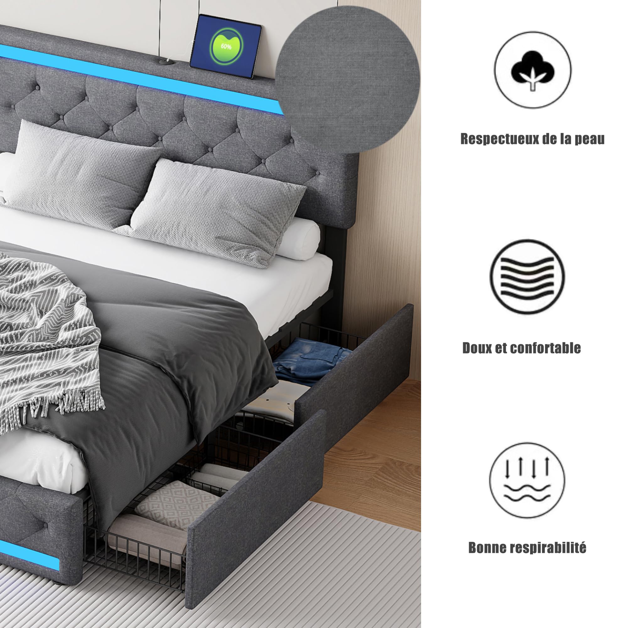 Lit Double 180x200 cm avec Sommier et 4 Tiroirs de Rangement, Lit Rembourré en Lin avec Tête de Lit à LED et Station de Charge USB/Type-C,Cadre de Lit Moderne Design Gris pour Adulte et Chambre d'amis