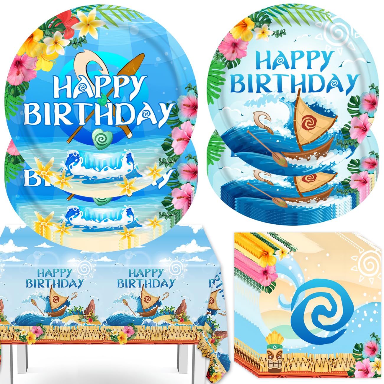 tetcuican 41pcs Blue Ocean Birthday Decorations, Hawaiian Palm Leaf Flower Birthday Party Supplies Set Include Plates, Napkins, Tablecloth For Summer