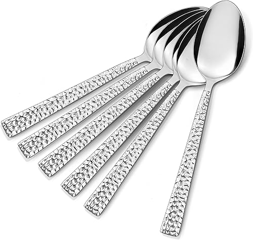 Miniatura 8 de E-far - Juego de 12 cucharas martilladas de acero inoxidable de 6.7 pulgadas para cocina o restaurante, no tóxicas y pulidas con espejo, borde