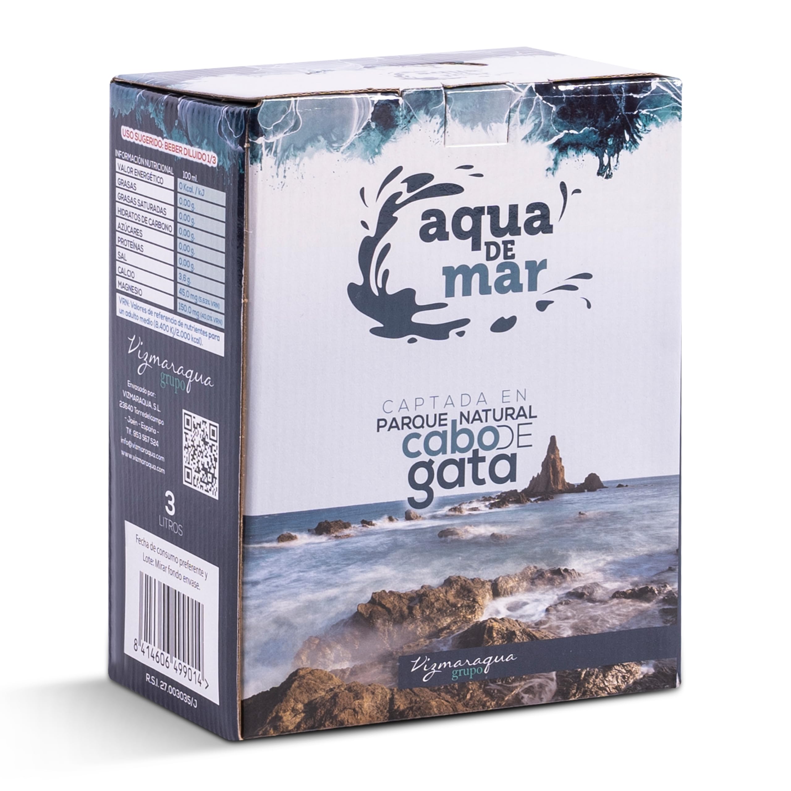 Agua de mar Hipertónica con grifo dispensador - 3L Bag in Box (BiB)-Pack 6 unidades- Para beber-Captada en Parque Natural Cabo de Gata Almeria