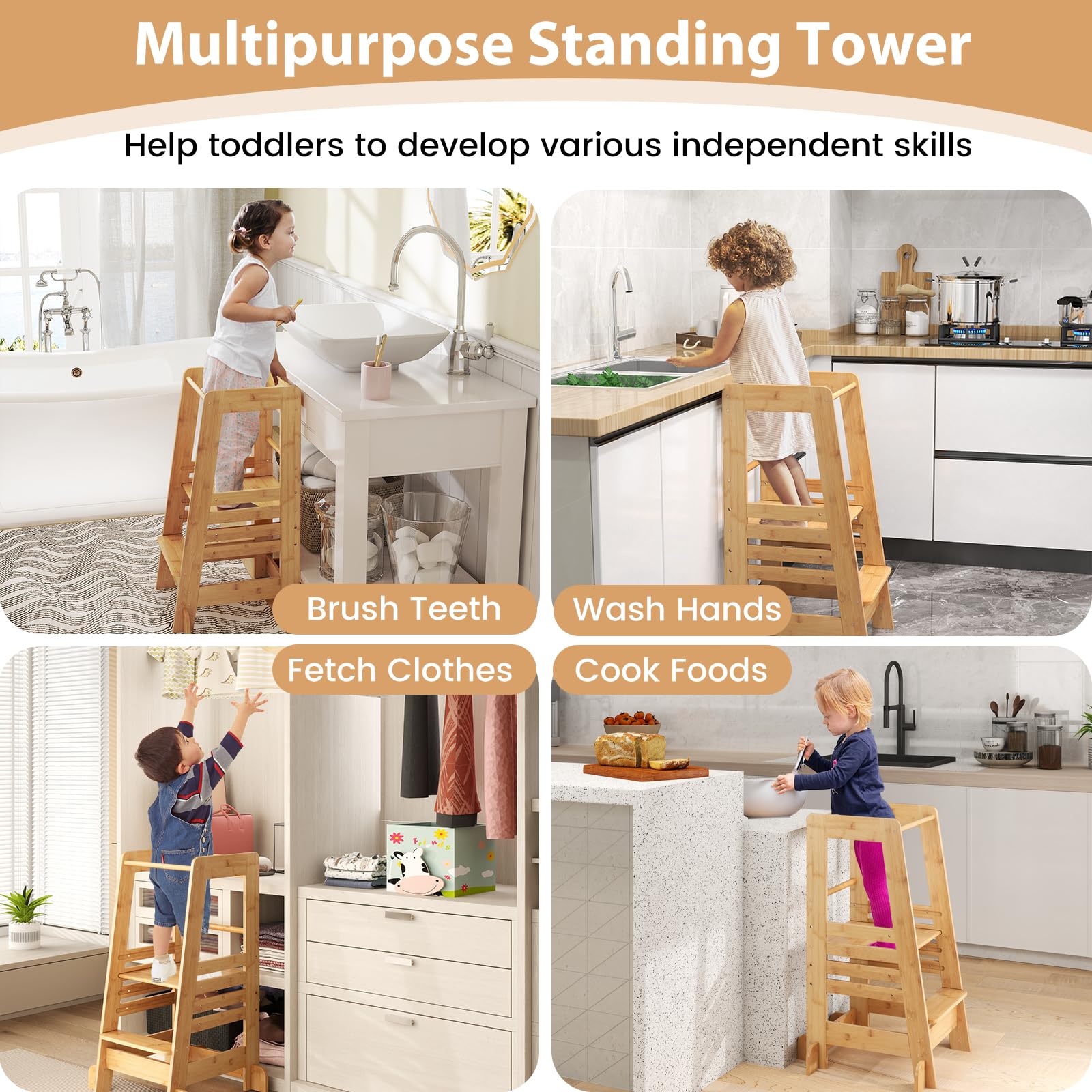 GYMAX Taburete para niños, Soporte de Cocina de bambú con Plataforma Ajustable en Altura y riel de Seguridad, Torre de Aprendizaje de Madera para baño, guardería