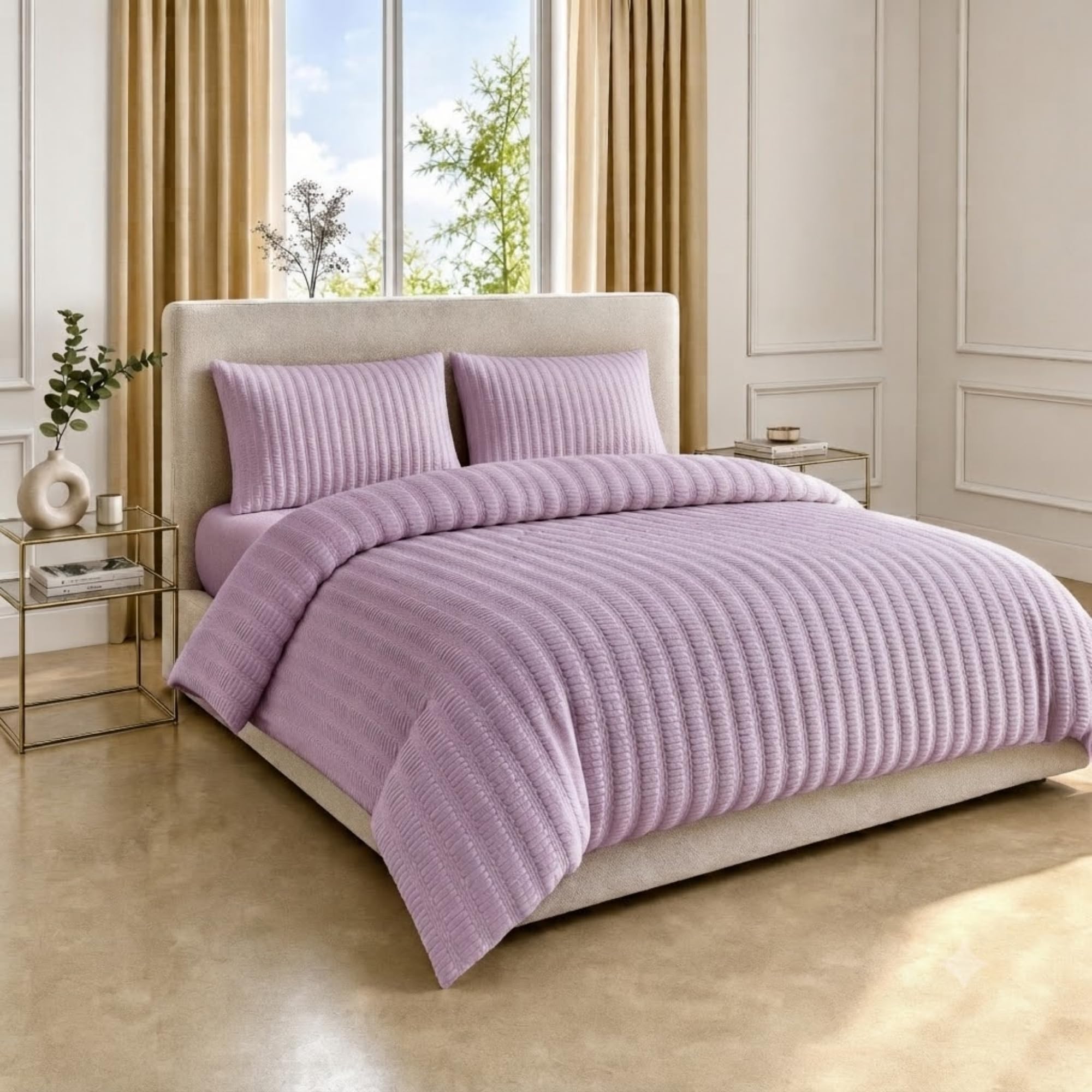 Z&A Homz Z&A Seersucker Duvet Cover - Comfy Bedding Set with Pillow Cases, Soft Brushed Microfibre Quilt Cover - Textured Design, Wrinkle Resistant & Breathable Fabric (Lilac, Super King (260x220cm)) — image 1
