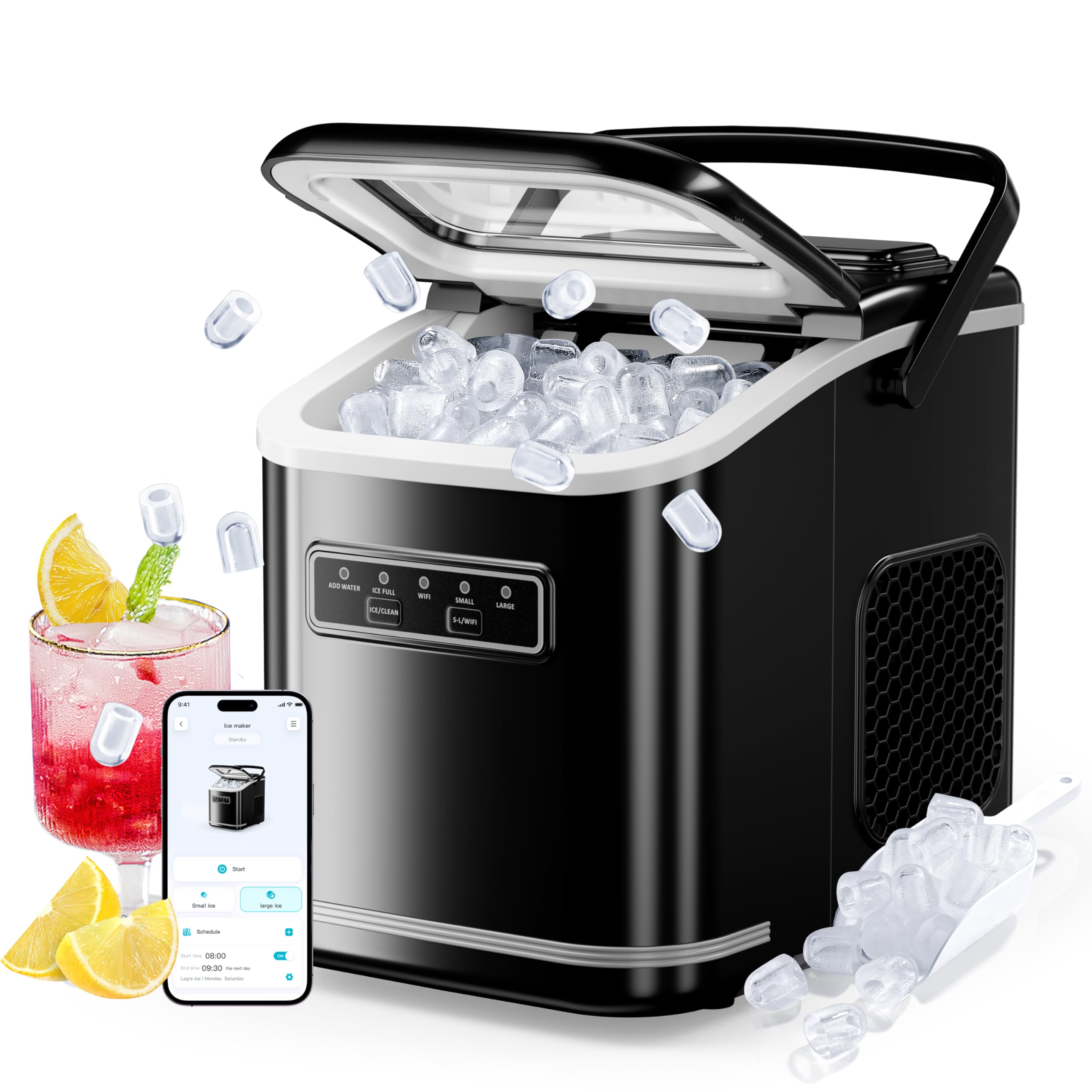 ecozy Smart Ice Maker, Portable Ice Makers Countertop with App & Voice Control, 9 Bullet Ice in 6 Mins, 26lbs/24Hrs, Self-Cleaning Ice Machine with Ice Scoop Basket and Bag for Home Kitchen Office RV