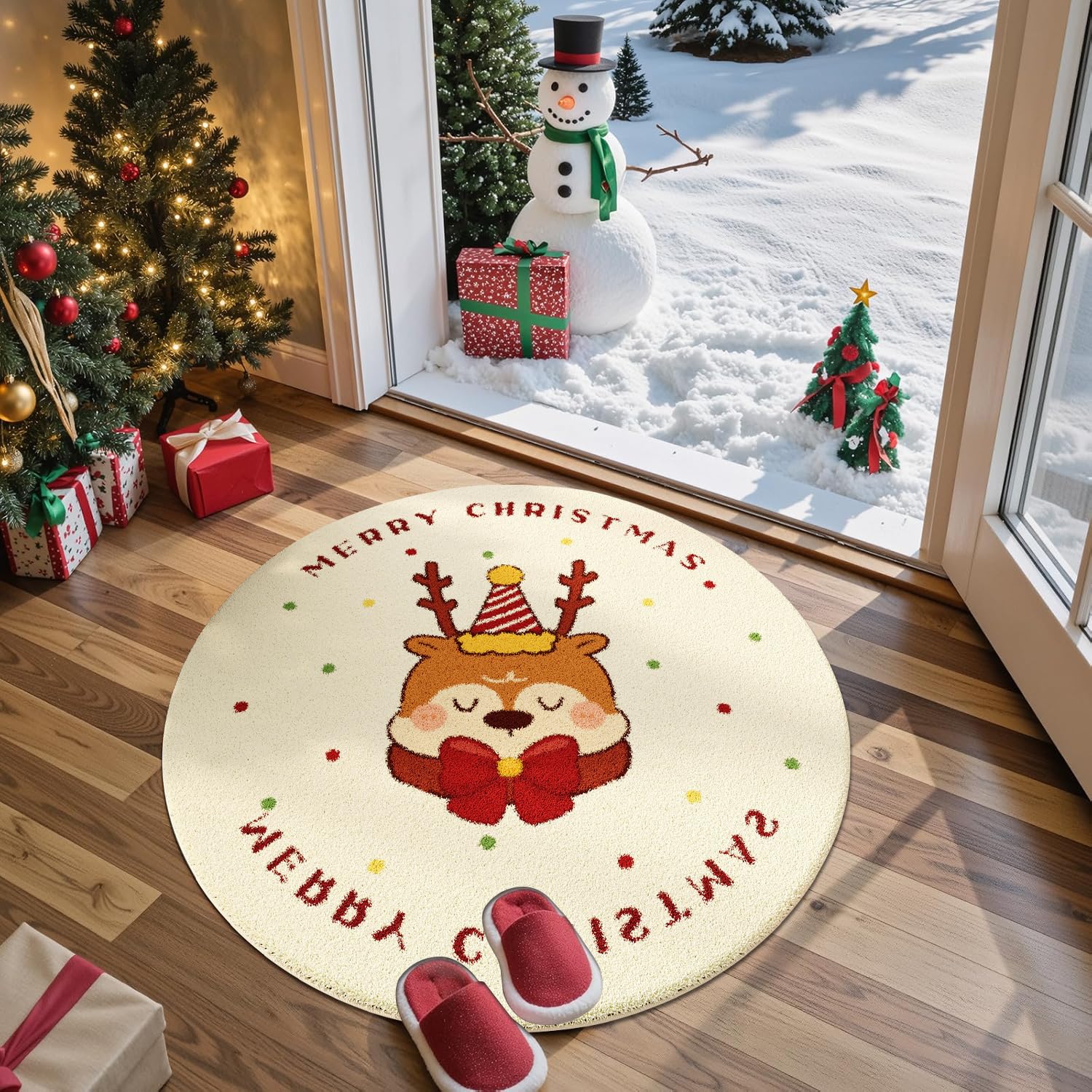 Alfombras Pequeñas Navideñas Blanco,Alfombras Salon Modernas Antideslizante Navideña,Alfombra Chimenea de Decoración Invierno,Alfombra Navidad Redonda para Salón Entrada Comedor Baño,D,140cm