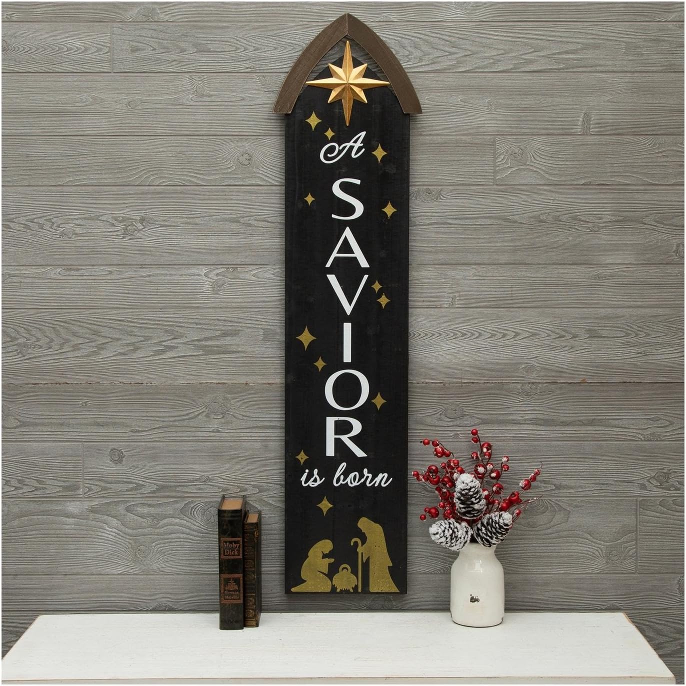 Hobby Lobby Christmas Nativity Wall Decor, Black MDF Wood Sign with Gold Star, 47 x 12 Inch, A Savior Is Born Design, Indoor Outdoor Vertical Hanging