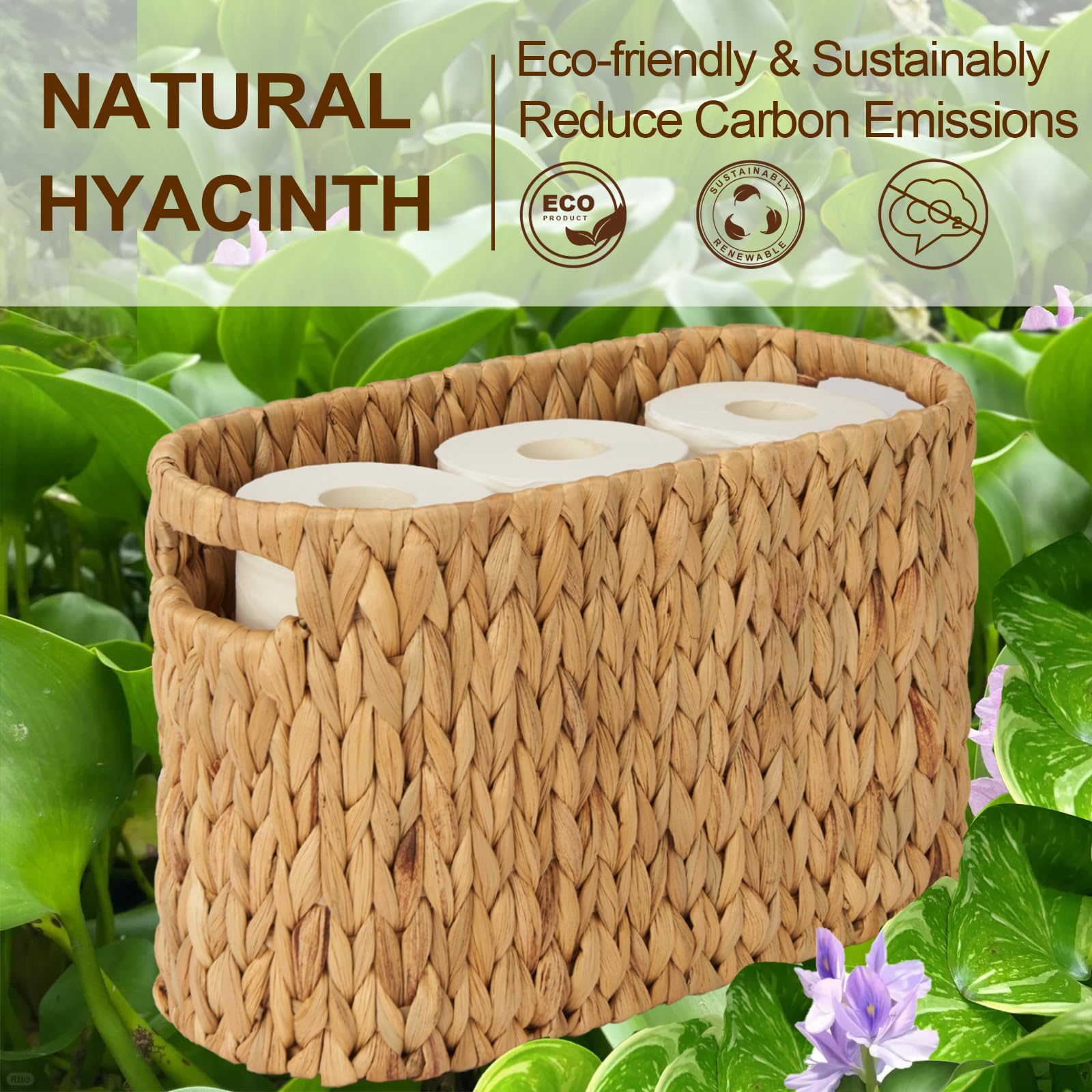 Cesta de almacenamiento de papel higiénico de mimbre con asas integradas, 6 rollos de papel higiénico de jacinto de agua natural con almacenamiento, cesta de papel higiénico tejida a mano 6