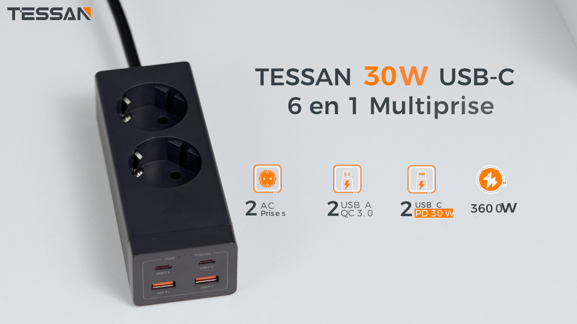 Multiprise Avec Chargeur Usb C 65 W, Multiprise 3 Prises Avec