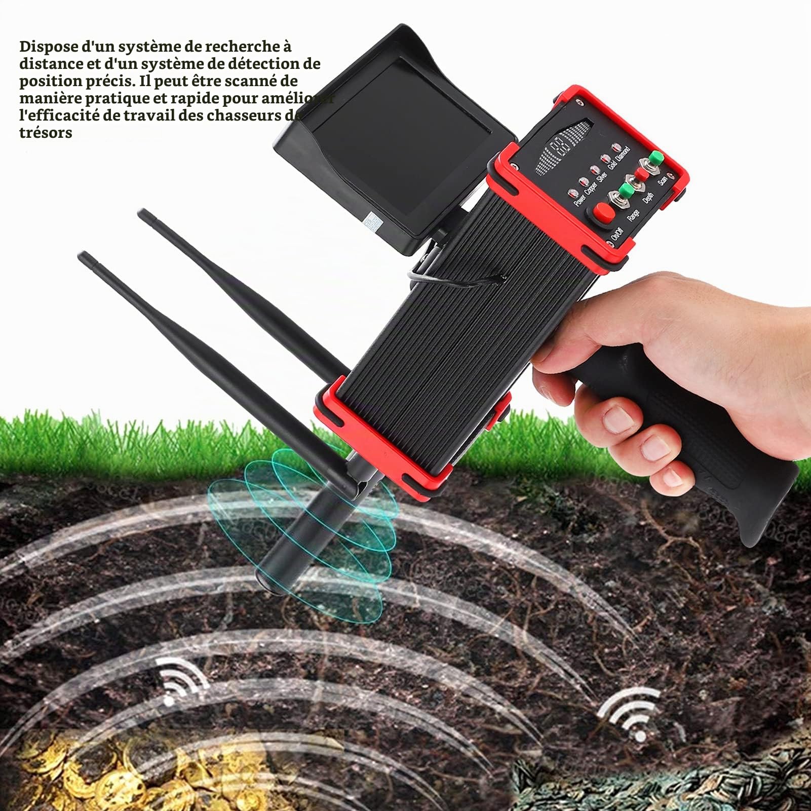 Détecteur de métaux, Kit de détecteur d'or en métal à écran HD avec écouteur, Treasure Finder Metal Scanner Search Range 99 mètres Détection de Profondeur 16M pour Or Argent Cuivre(EU)