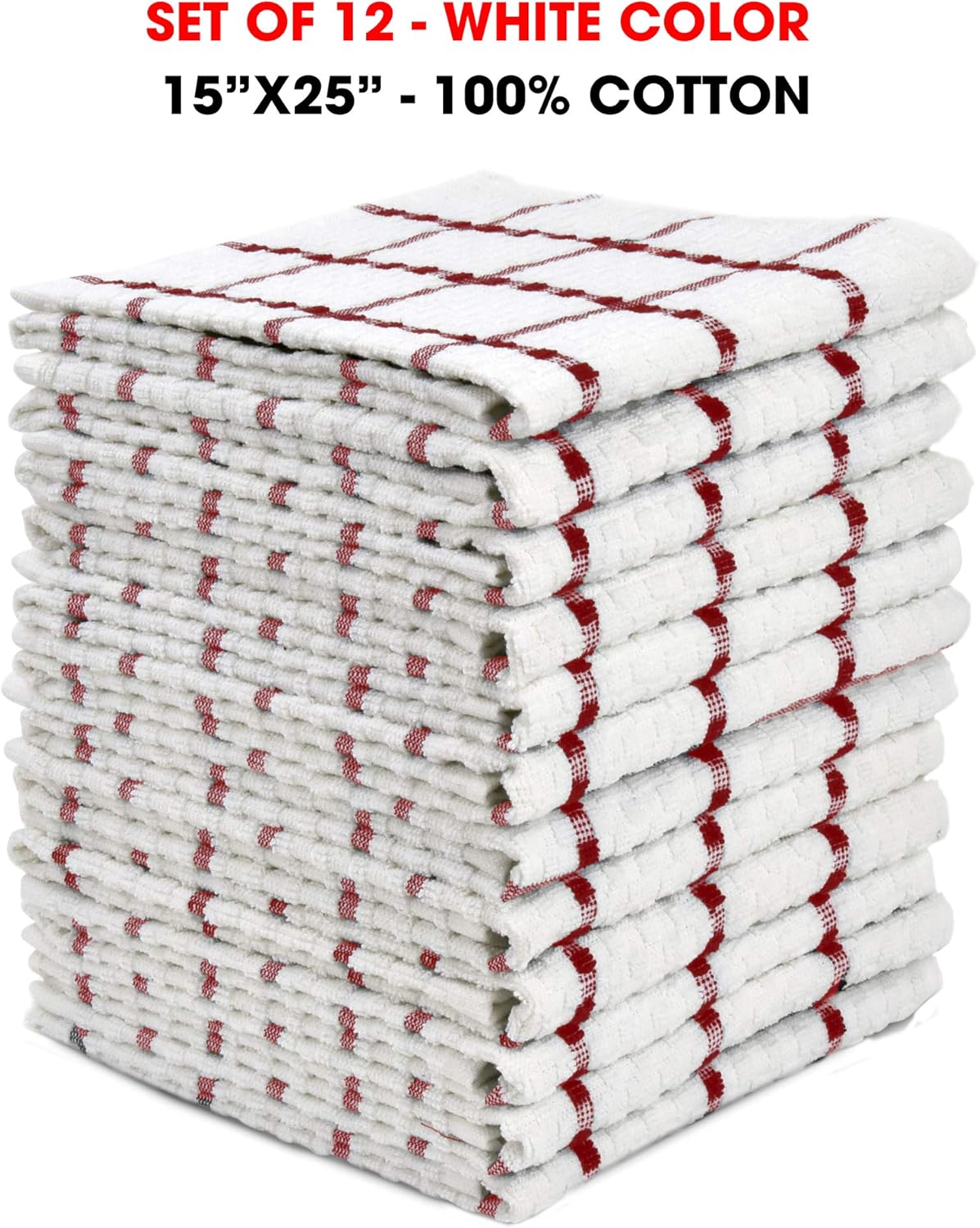 Kitchen Dish Towels Red & White, 100% Cotton Dobby Weave Terry Towel Set, 12 Pack Soft and Absorbent Multipurpose Dish Cloth, Hand Towel and Cleaning 15” X 25” Machine Washable