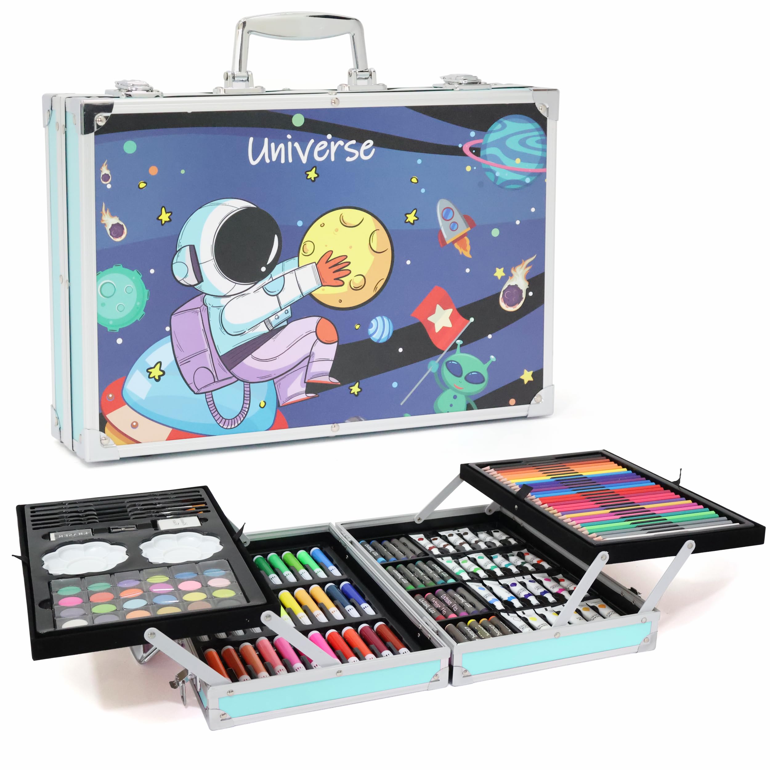 Aditi Toys Color Art Drawing Set 155 Pcs with Acrylic Paint, Pencils, Oil Pastels, Sketch Pens, Watercolors, Brushes, Foldable Suitcase with Handle & Lock for Kids 5+ (Universe)