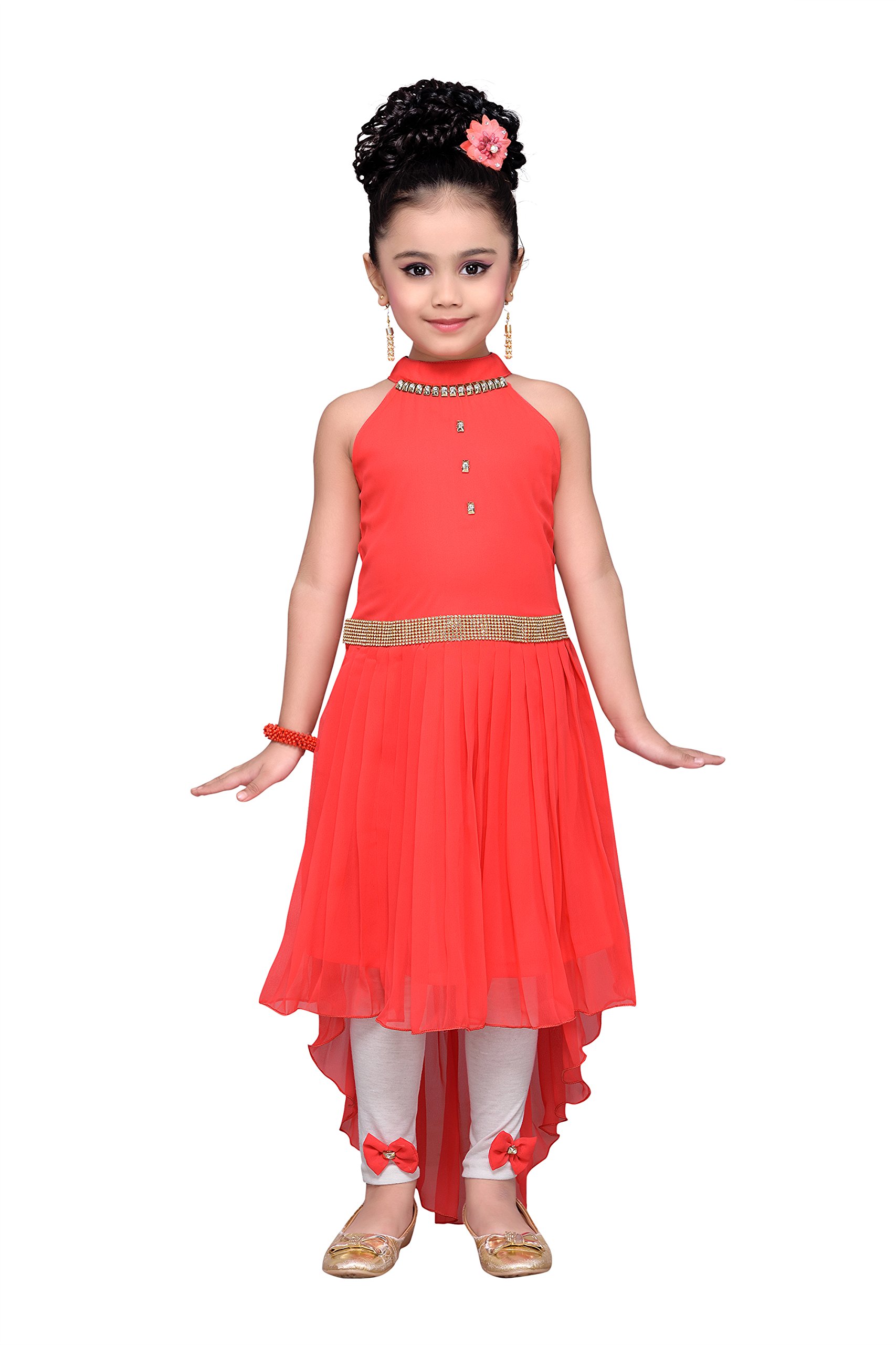 Adiva Girls Georgette Solid High Low Knee Length Dress for Kids