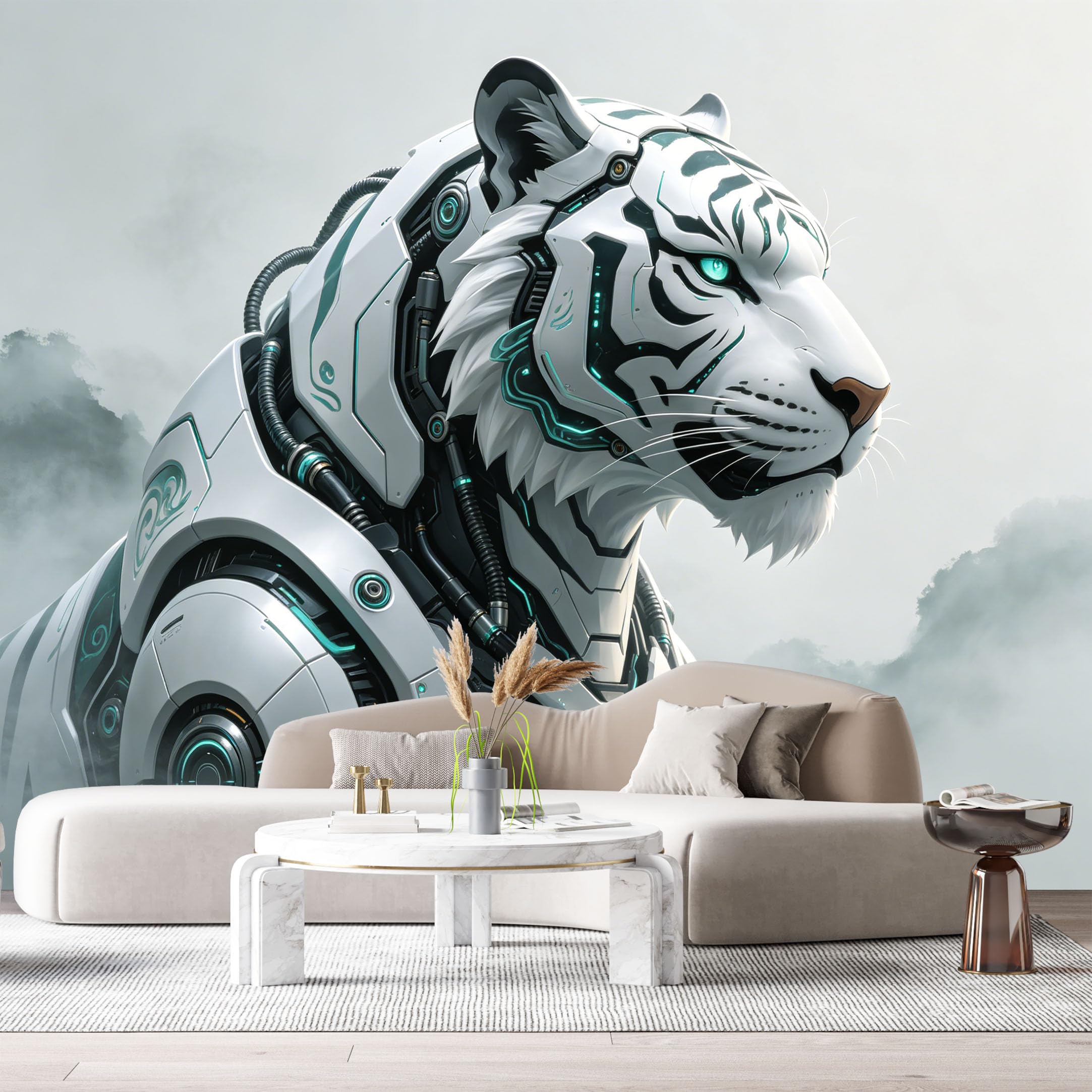 Custom Size Wall Mural Cyber White Tiger Mech Futuristic Armor SciFi Robot Metallic Texture SelfAdhesive Art Prints Removable Large Wallpaper Esports Room Game Room Tenant Room Studio