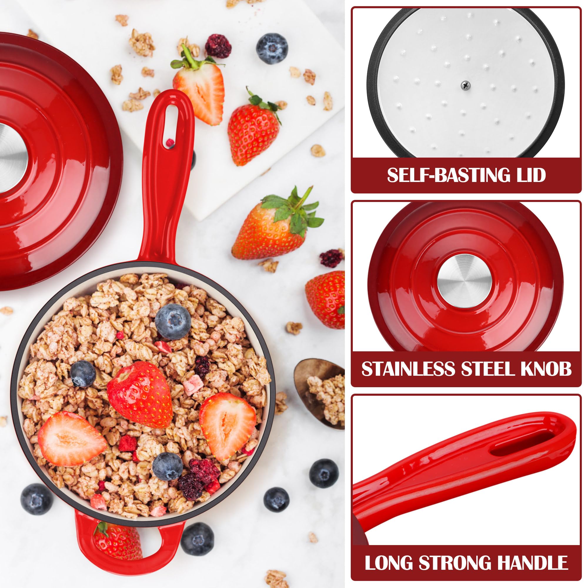 E-far Emaillierte Gusseisen-Saucenpfanne mit Deckel, 1 Quart Dutch Oven Stielkasserolle, Mini-Saucentopf zum Kochen, Kochen, Gesund & Ungiftig, Induktion & Ofenfest, Rot