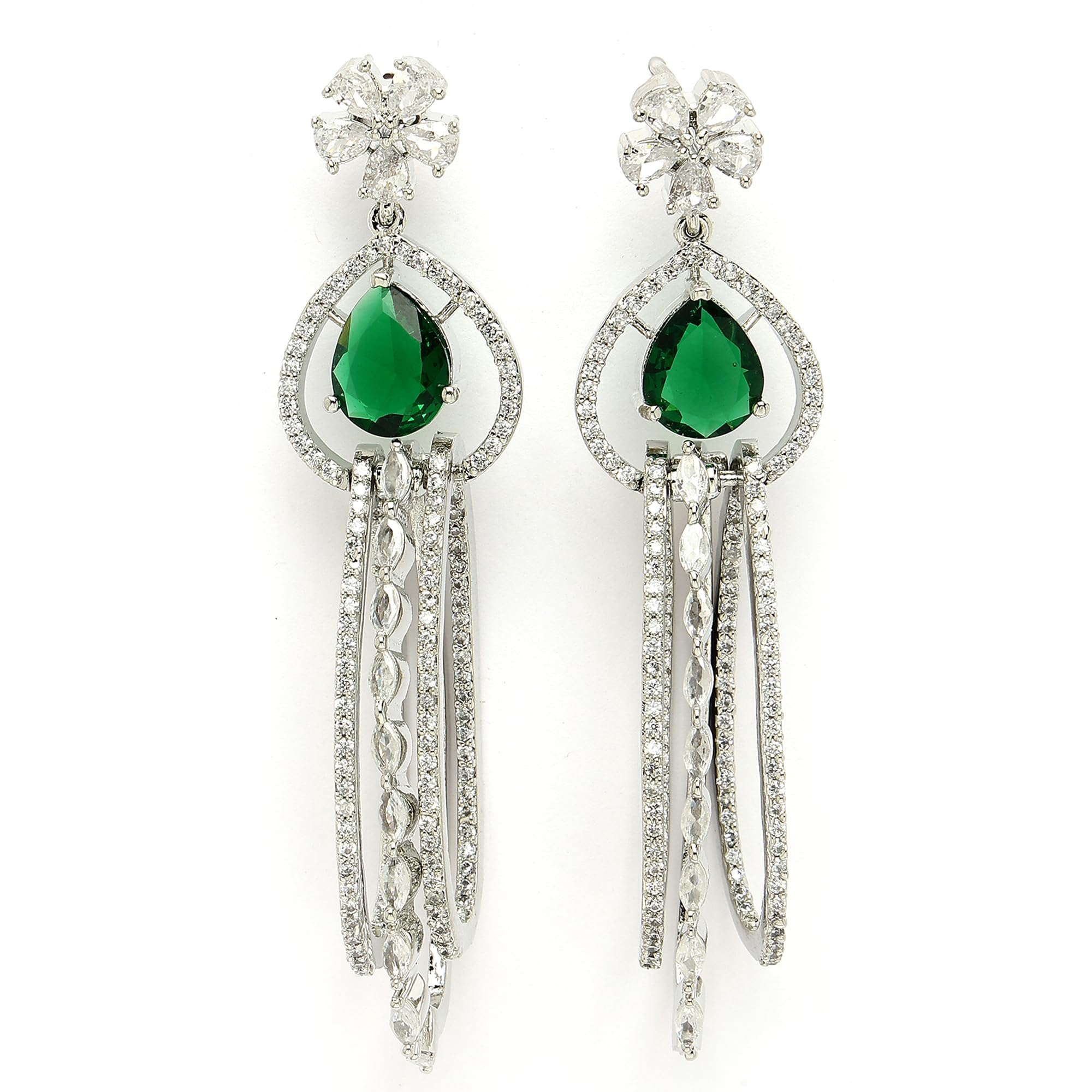 Zeneme Rhodium Plated Silver Toned American Diamond Studded Long Cluster Drop Fashion Latest Jewellery Earrings For Women & Gift For Girls (Rhodium Trilooped Green Earrings) (B0D8QNFBF2) Amazon Price History, Amazon Price Tracker