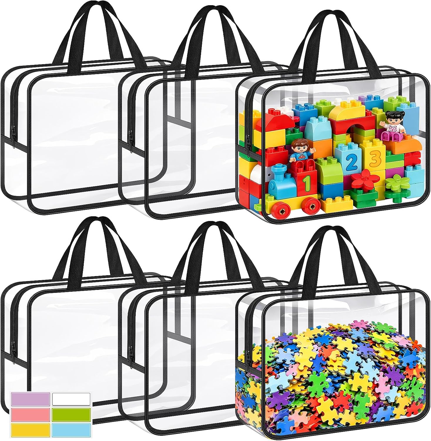 6 Pack Clear Toy Storage Bags with Double Zipper & Labels, Black 6 Pack Clear Toy Storage Bags with Double Zipper & Labels, Black