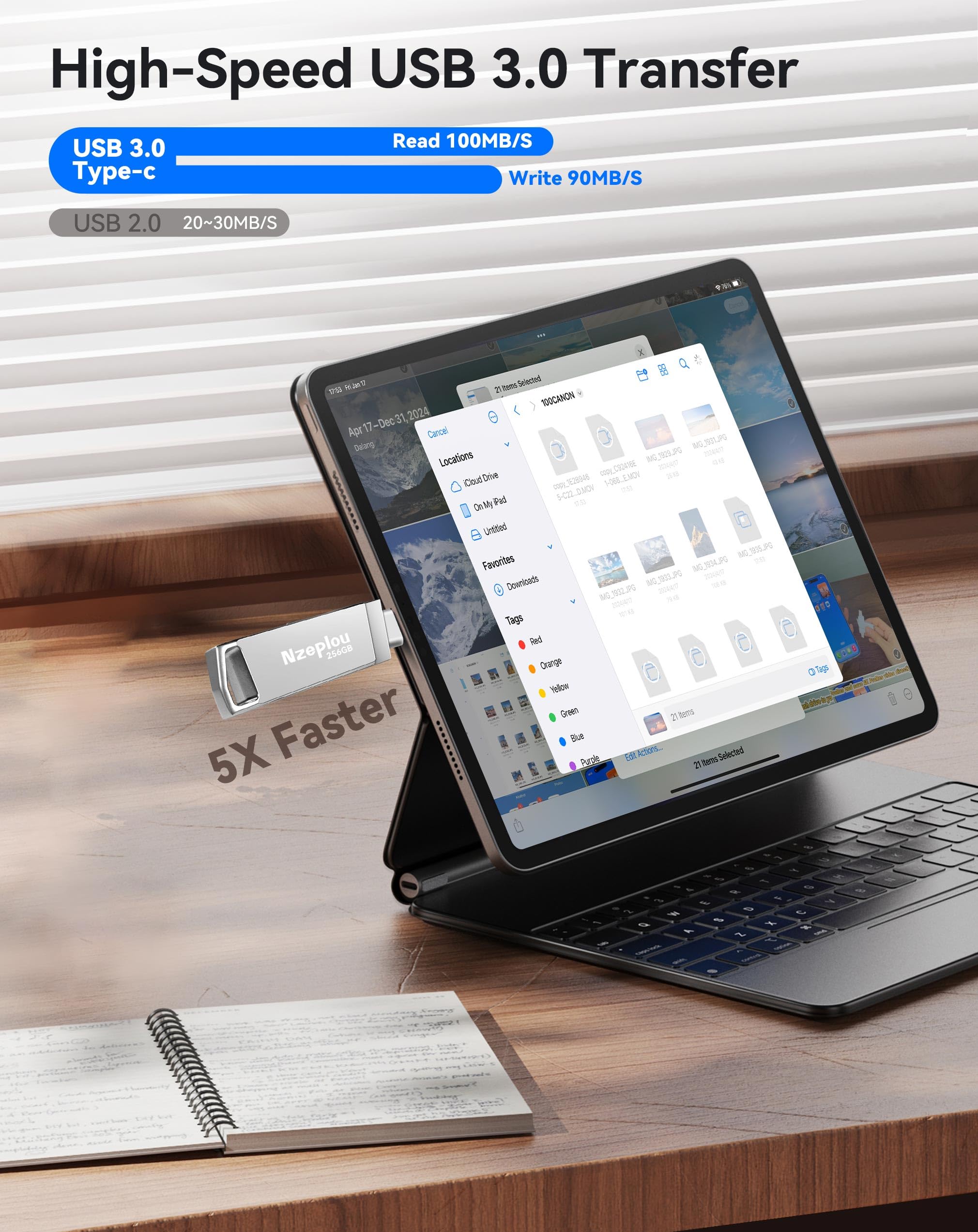 Pamięć flash 256 GB do iPhone'a iPada, szybka pamięć USB 3.0, nie wymaga aplikacji, oświetlenie i pamięć zewnętrzna USB-C, do zdjęć, filmów, kopii zapasowych zdjęć, pendrive Plug & Play, srebrny