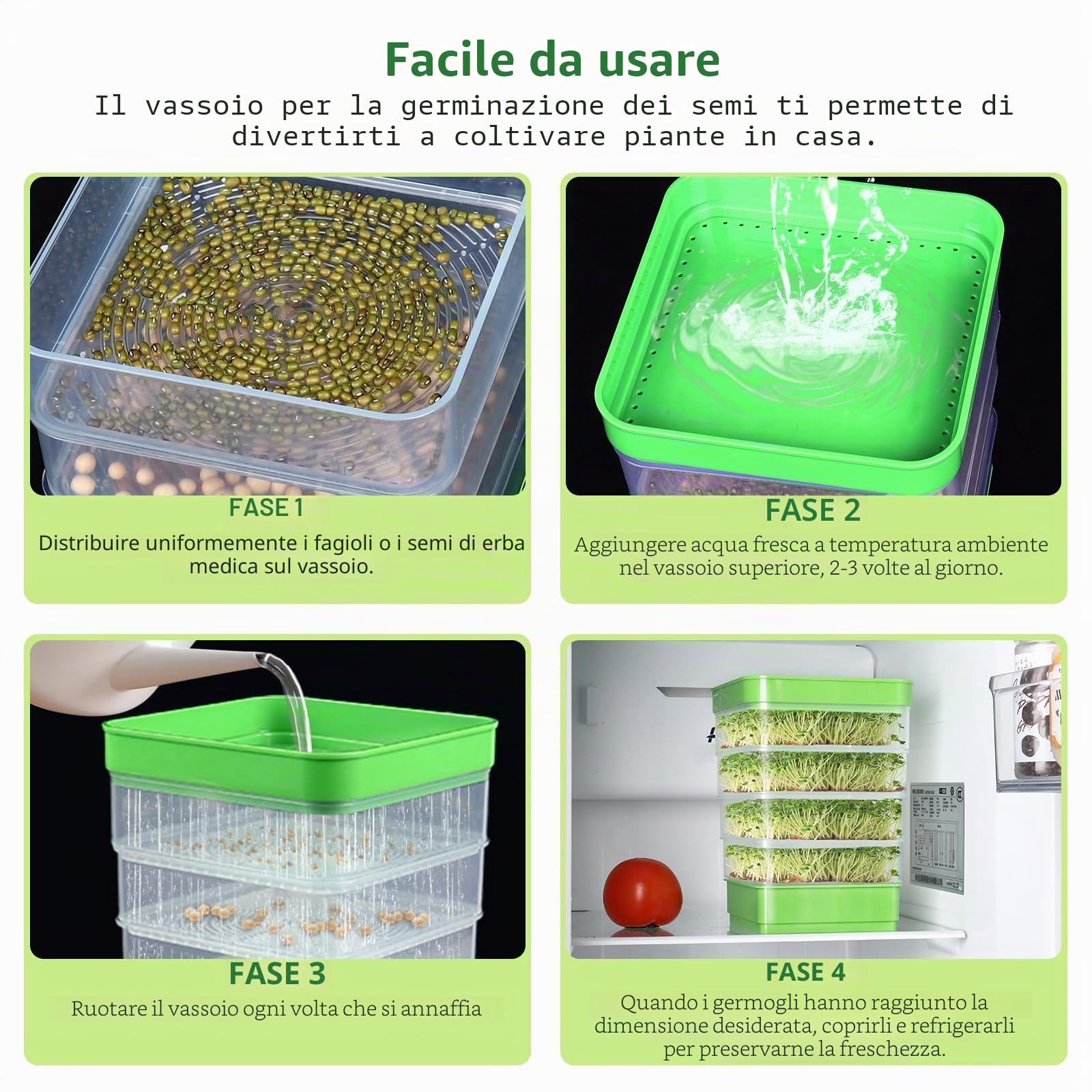 WYWY Kit di germinazione di fagioli a 4 piani, vassoi da coltivazione impilabili per microrganismi verdi