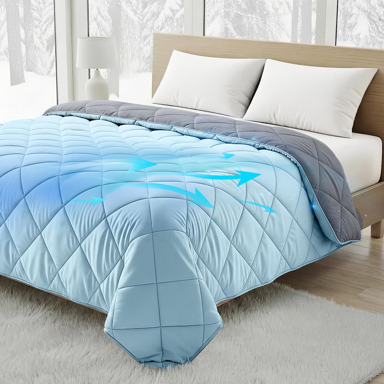 Cooling Comforter - BreezeWeave Cooling Blanket King Size for Hot Sleepers & Deep Rest - Cloud Soft, Breathable, Ultra Durable, Easy Care, Reversible - 108 x 90 in (Blue & Dark Grey)