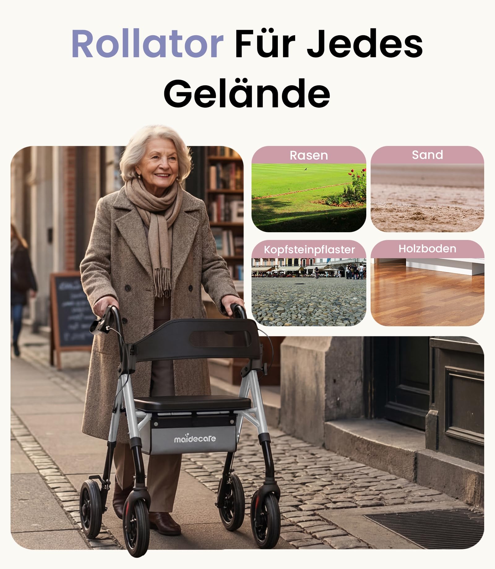 Rollator Faltbar und Leicht mit Sitz, Rollator Schmal für Wohnung, Rollatoren für Senioren mit höhenverstellbar Sitz und Griff, Gehwagen leicht klappbar mit Bremse, 8" All-Terrain Räder, Sternensilber