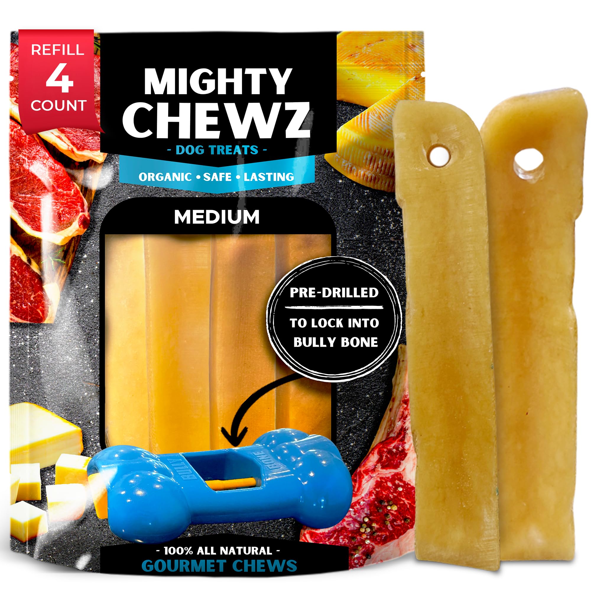 MIGHTY CHEWZ Yak Chew Refill Pack Only, Medium (4 Pieces) - Pre-Drilled, Ready to Chew and Designed for Safety