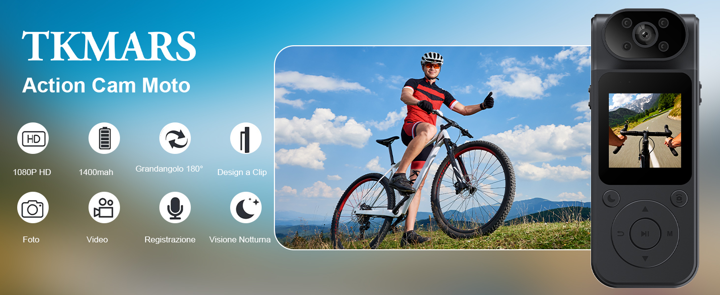 TKMARS Action Cam 1080P WiFi – Grandangolo 170° Antidistorsione, Lente Rotante 180°, Visione Notturna IR, Batteria 7H, Clip Magnetica