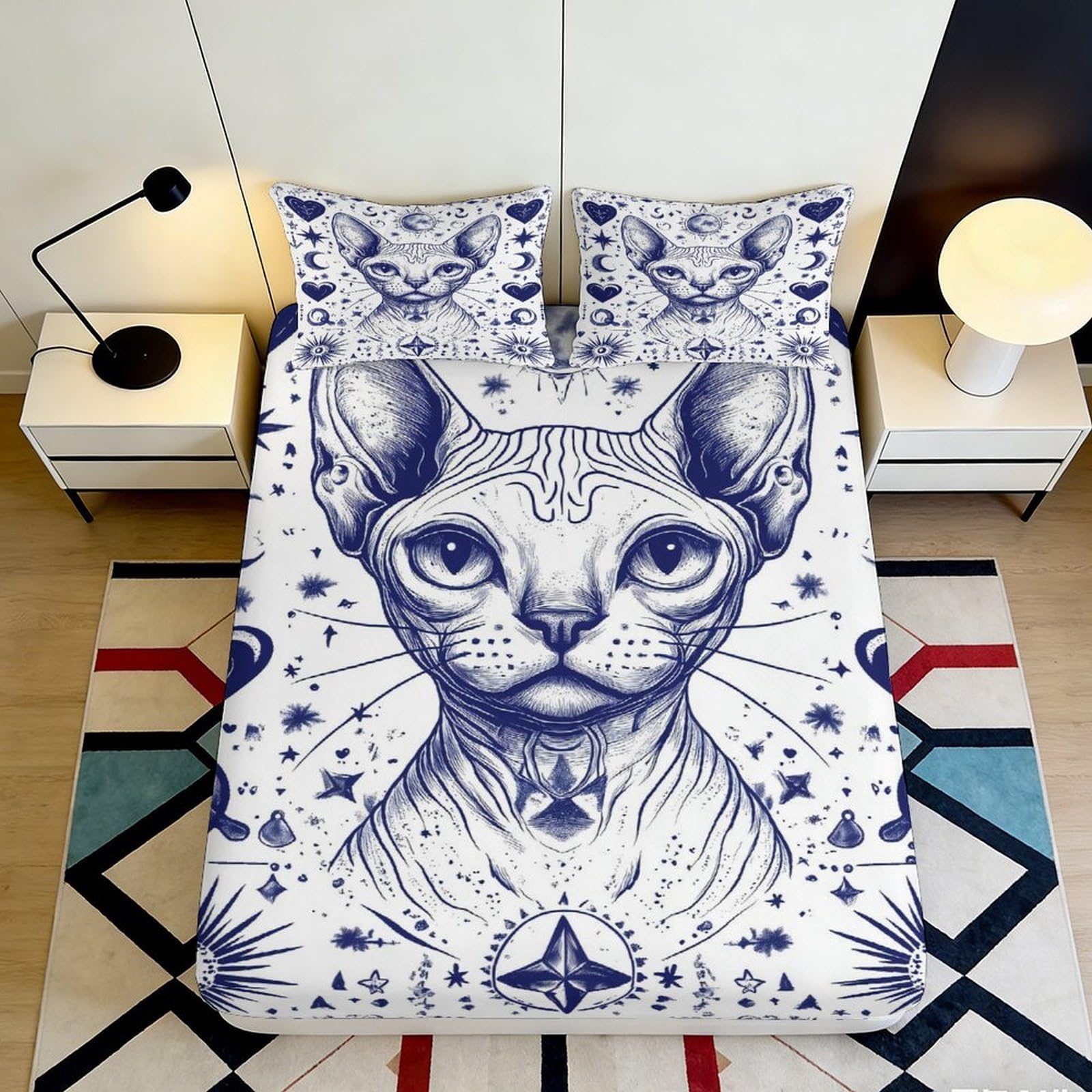 3D Printed Sphynx Cat Fitted Sheet Microfiber Blue Artistic Tattoo Bed Sheet for Bedroom Guest Room Decor 90x200x25cm