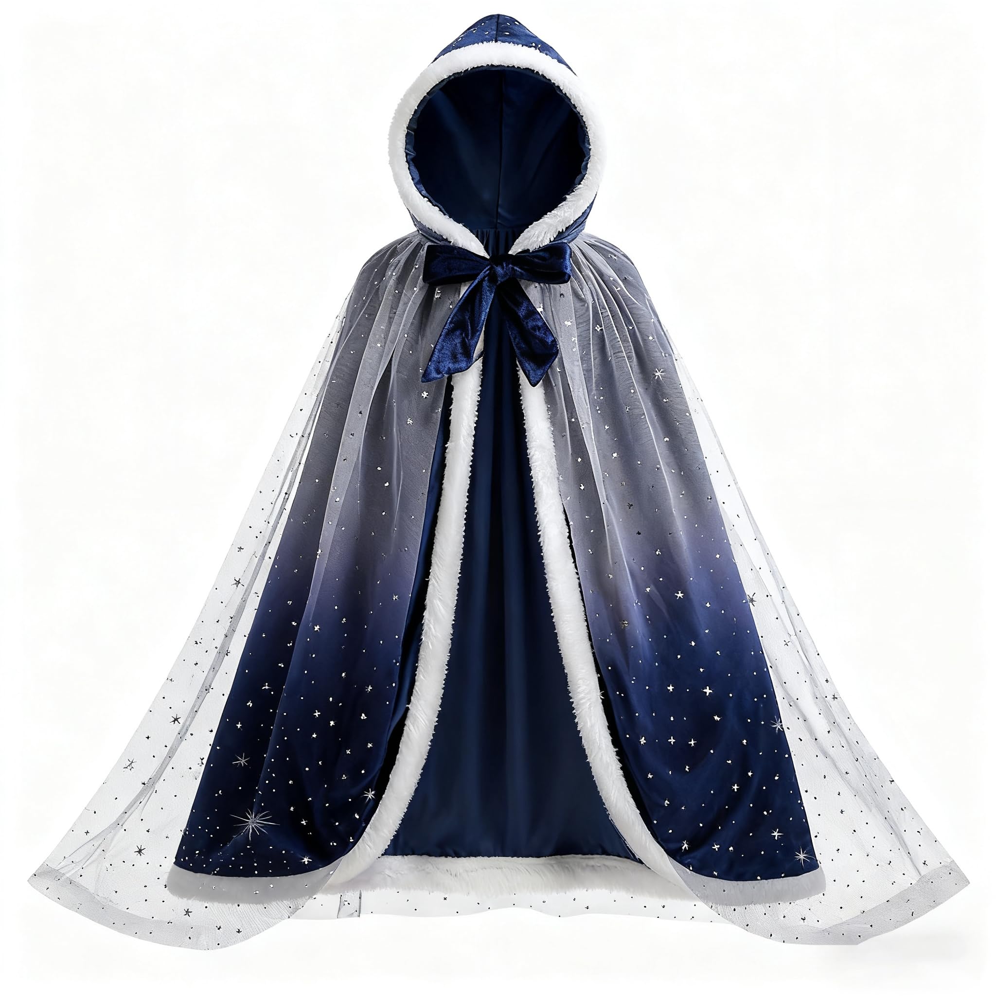 Mantello Da Principessa Con Cappuccio Per Bambine - Velluto E Tulle Con Stelle Argentate - Costume Cosplay Per Halloween, Natale E Carnevale