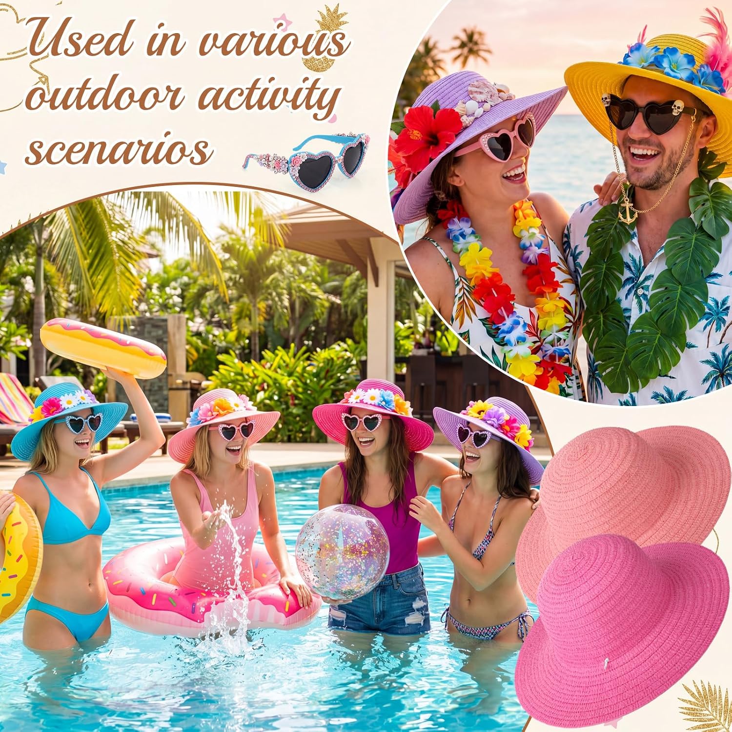 Unittype 40 Pcs Colorful Straw Sun Hat and Heart Sunglasses Set, Bulk Unisex Hats for DIY Crafts Birthday Tea Party Favors Wedding Summer Beach Pool Decorations