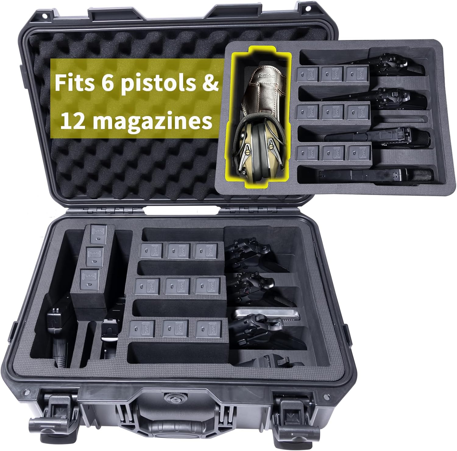 TSA-approved pistol case - holds 6 pistols | Airline travel hardshell pistol case | Pre-cut heavy-duty waterproof gun case with silicone canister and holster