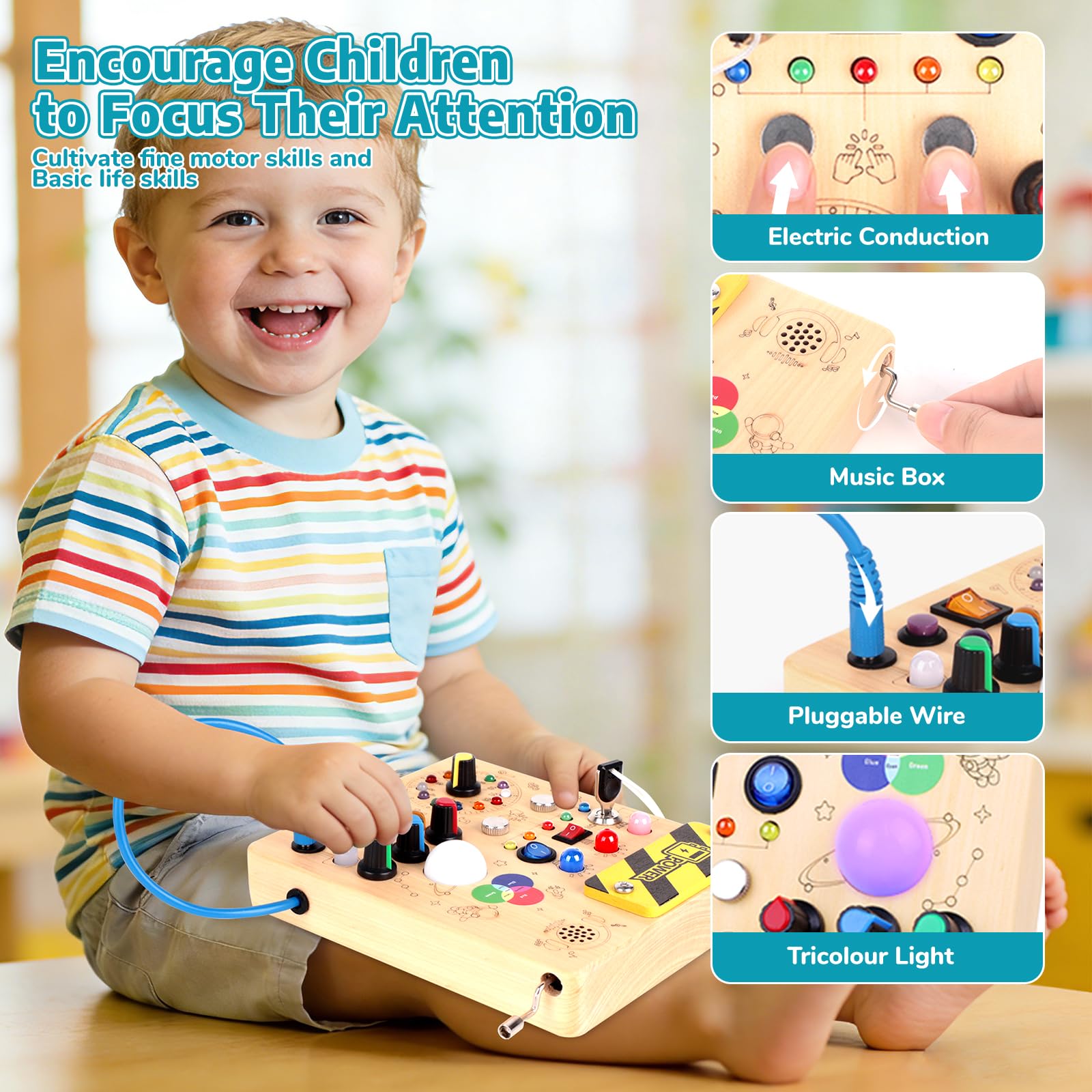 Busy Board Montessori Toys for 1 Year Old Kids Activity Board with 12 Switches and 27 LED Lights Switch Wooden Toys for 1 2 3 Year Old Boys Girls — view 3