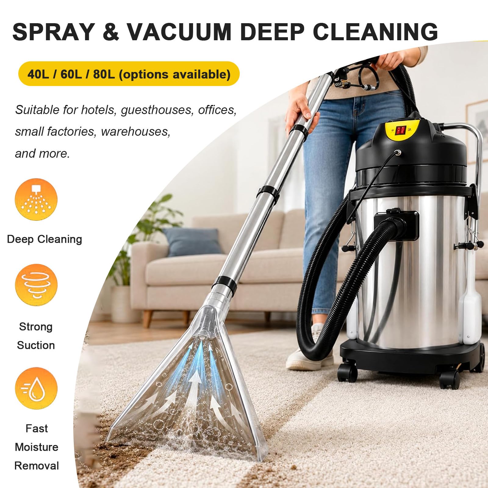 Aspiradora de Agua Tapicería y Alfombras | Potente Inyección 80L | Sistema de doble tanque de alta capacidad, cabezal de aspiración largo y plano (para polvo y líquidos) y cepillo redondo