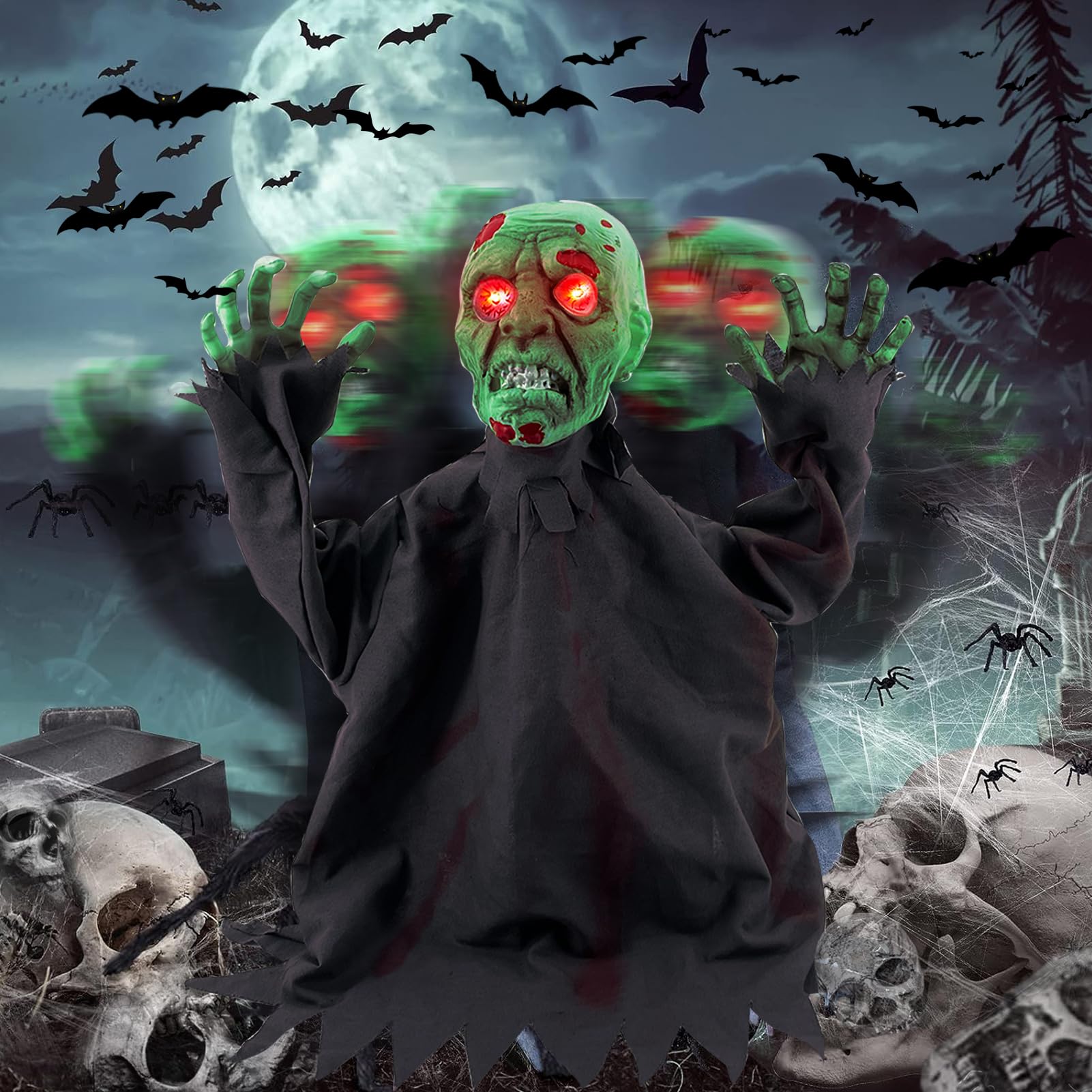Halloween Decorations Groundbreaker Zombie Décor: 34.5 x 27.6 inch Realistic Movable Groundbreaker Skeleton - Sound Sensing Activated Horror Props Swinging & Glowing Eyes for Yard Graveyard