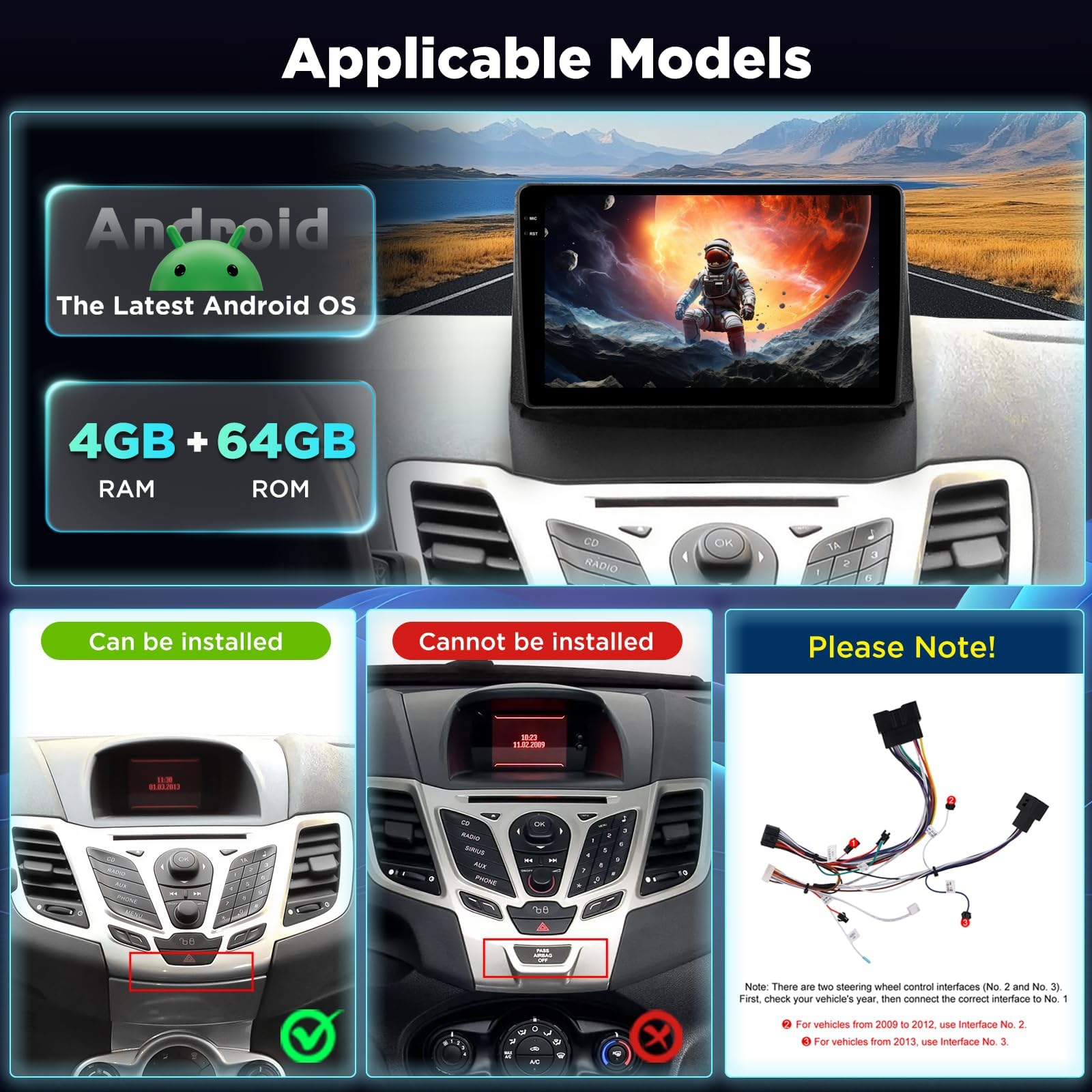 [4+64G] Radio Android per Ford Fiesta 2009-2017: 9 Pollici Touchscreen HD InCell con Wireless Carplay & Android Auto, 5G/WiFi, GPS, EQ, BT 5.0, Homepage Personalizzata + Telecamera di Retromarcia