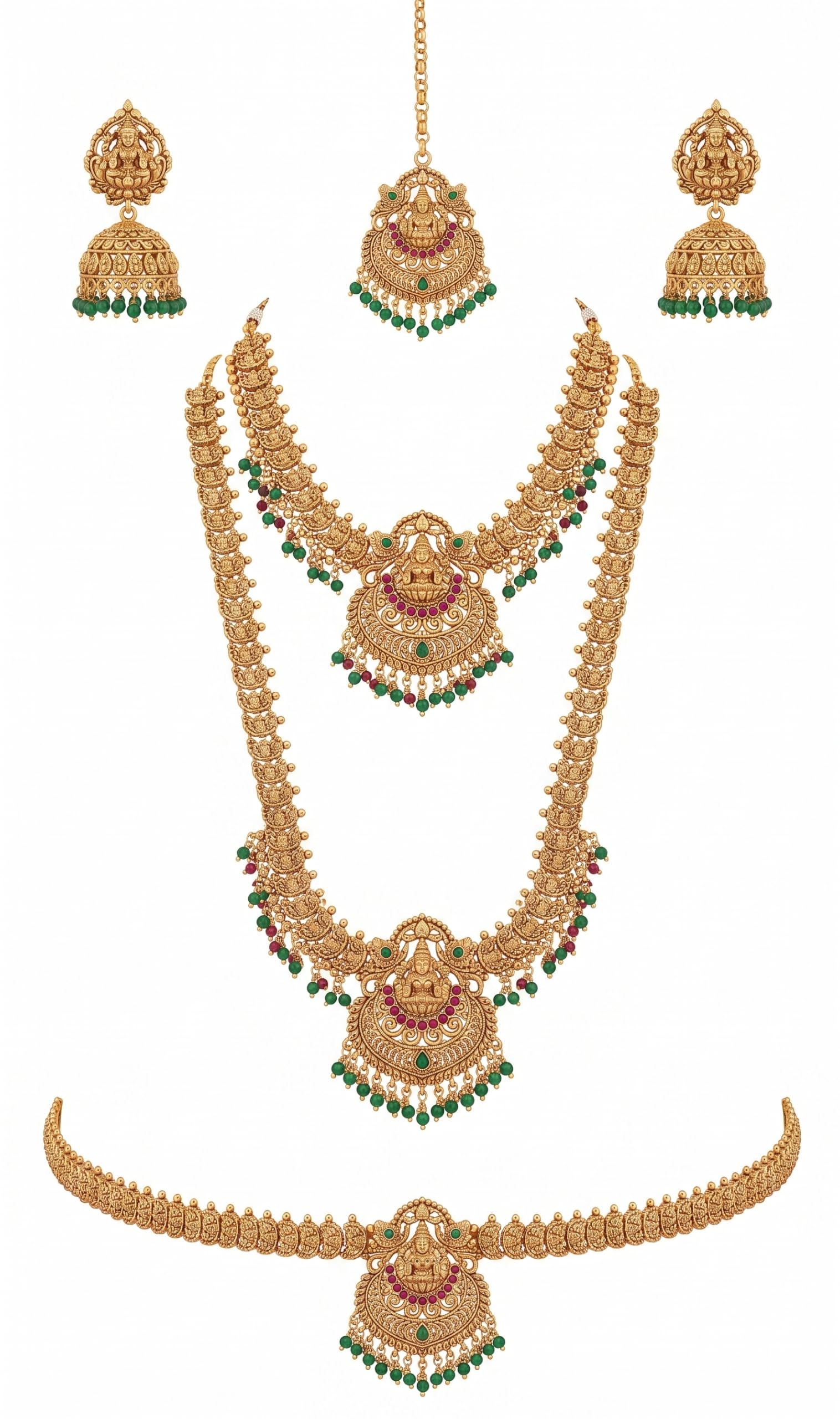 Gold Plated Jewellery Set With 2 Necklace, 1 Pair Of Earrings, 1 Maangtikka & Kamarpatta|Traditional Ethnic Wedding Jewellery | For Weddings, Festival, Occasions, Bridal-picture-46