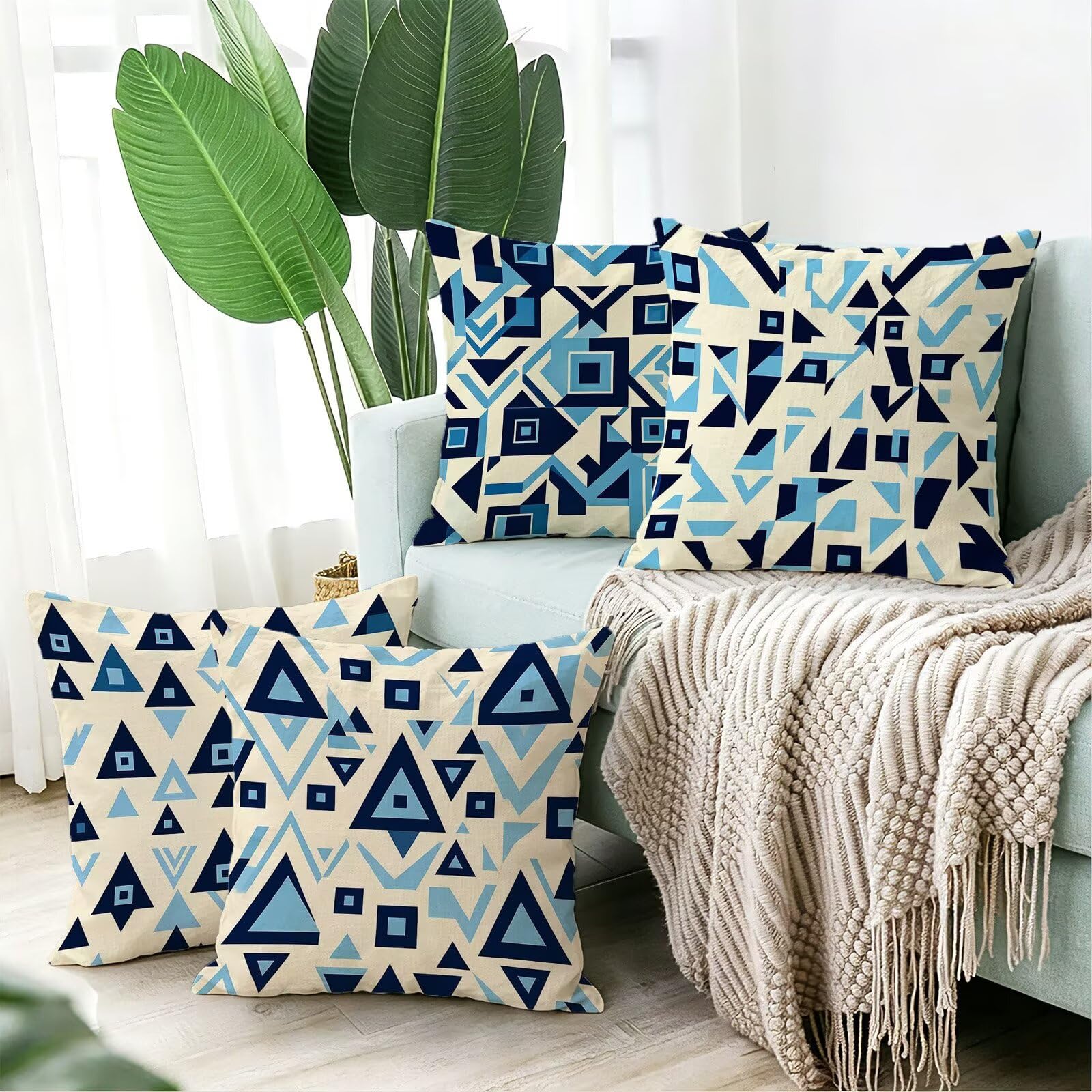 Blu Federe Cuscini Divano 50x50cm, Cuscini da Esterno Set de 4, Cod-91 | Velour Copricuscini Decorativi Letto Arredo, per Letto, Soggiorno, Giardino, Esterno, Casa Decorazione Set di 4 Geometria