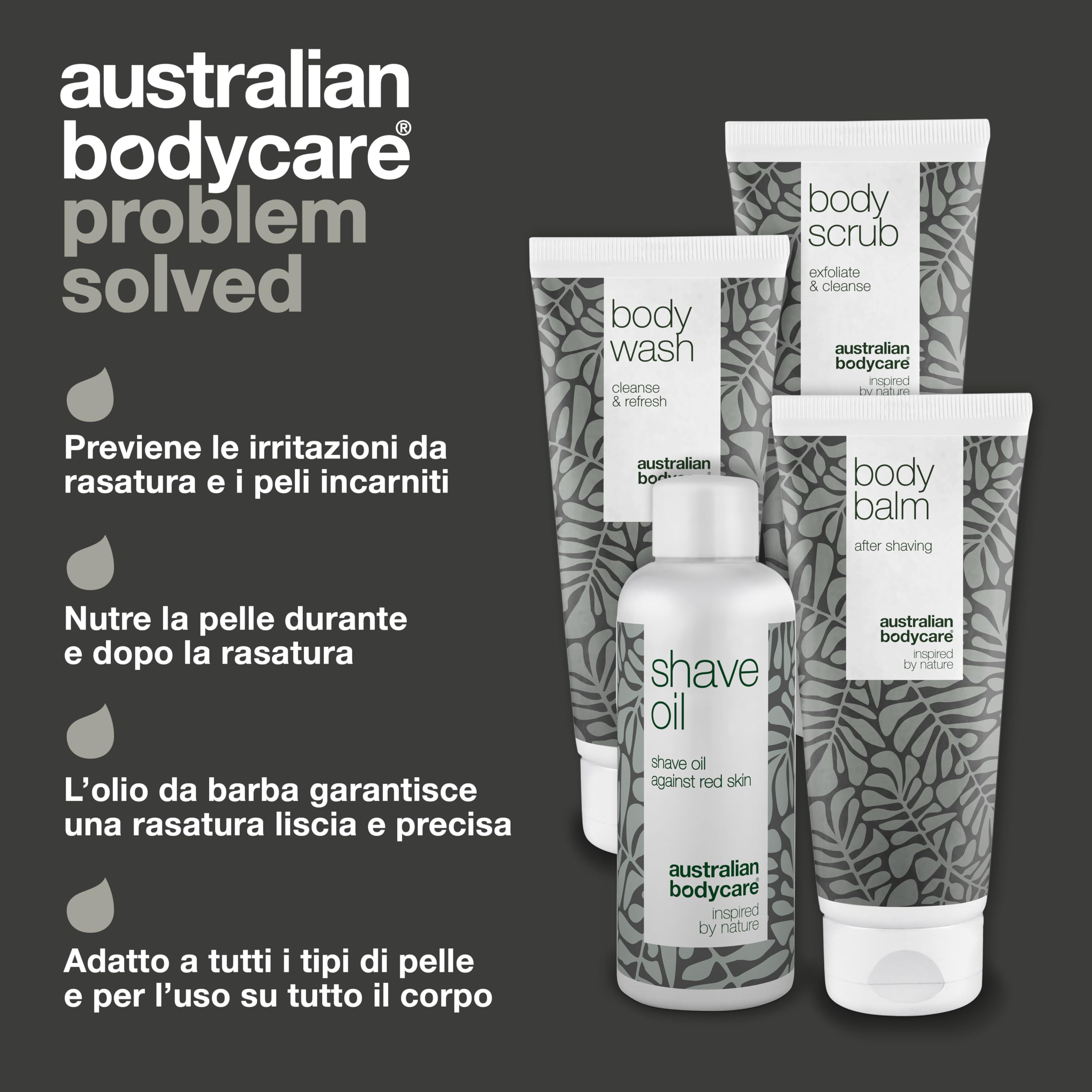 Kit di rasatura per tutto il corpo - Set con Doccia Corpo, Scrub, Balsamo e Olio da Barba - Soluzione Ultima per una Rasatura Confortevole - Infuso con Olio di Tea Tree