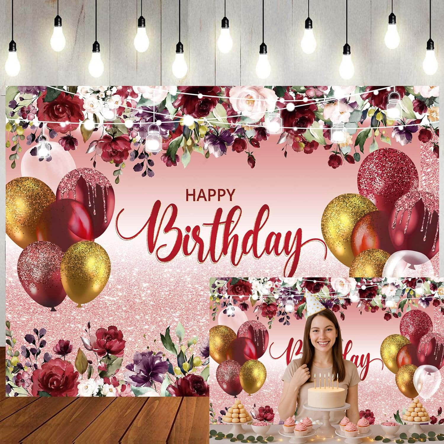 LTLYH 7x5ft Happy Birthday Party Backdrop Red Gold Birthday Decorations Background Birthday Party Banner Decorations Backdrop 178