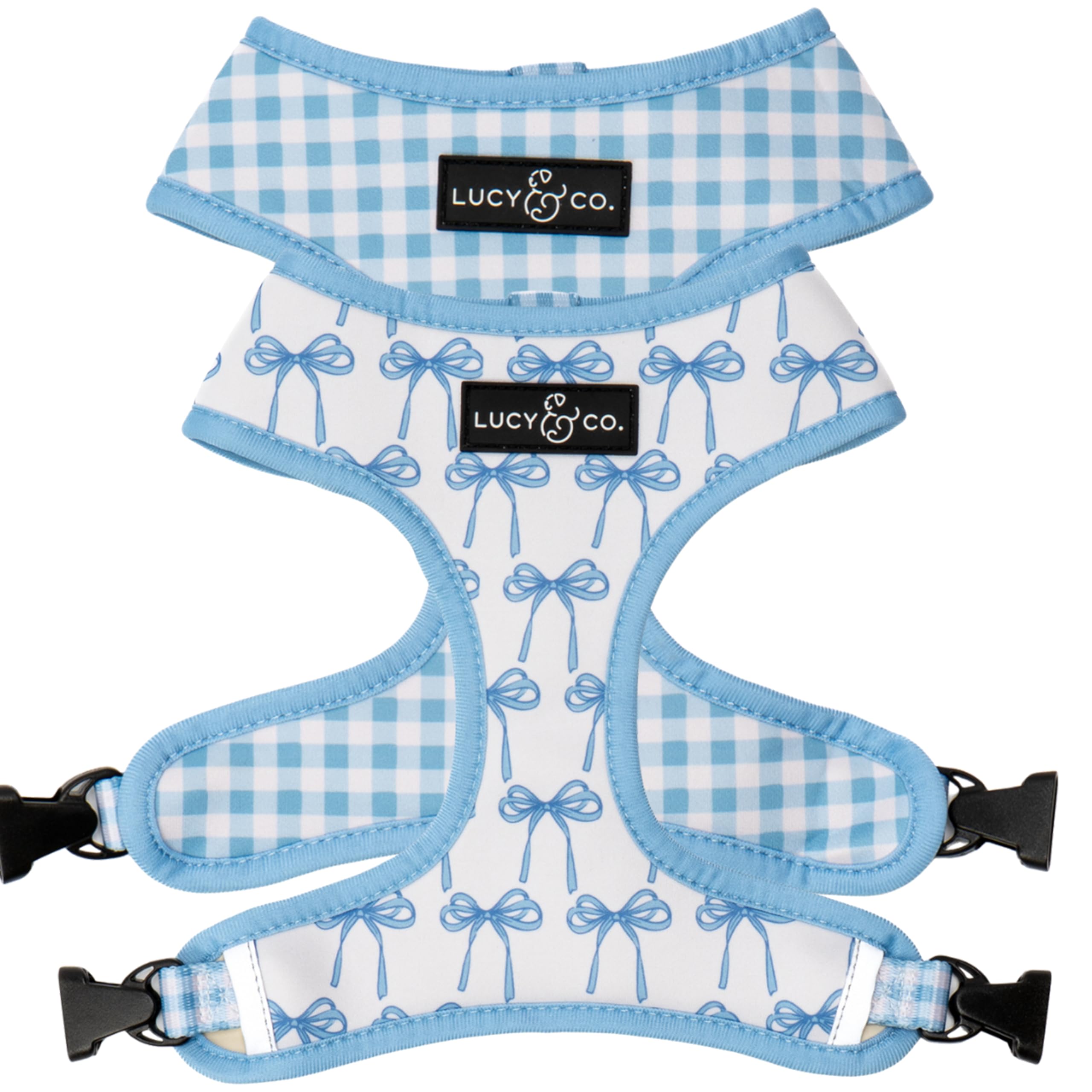 Lucy & Co. Cute Reversible Dog Harness Walking Halter - Best Designer Pet Harnesses for XS - XL Dogs - Padded Adjustable Vest for Easy Walking - X Large - White with Blue Bows โ image 1