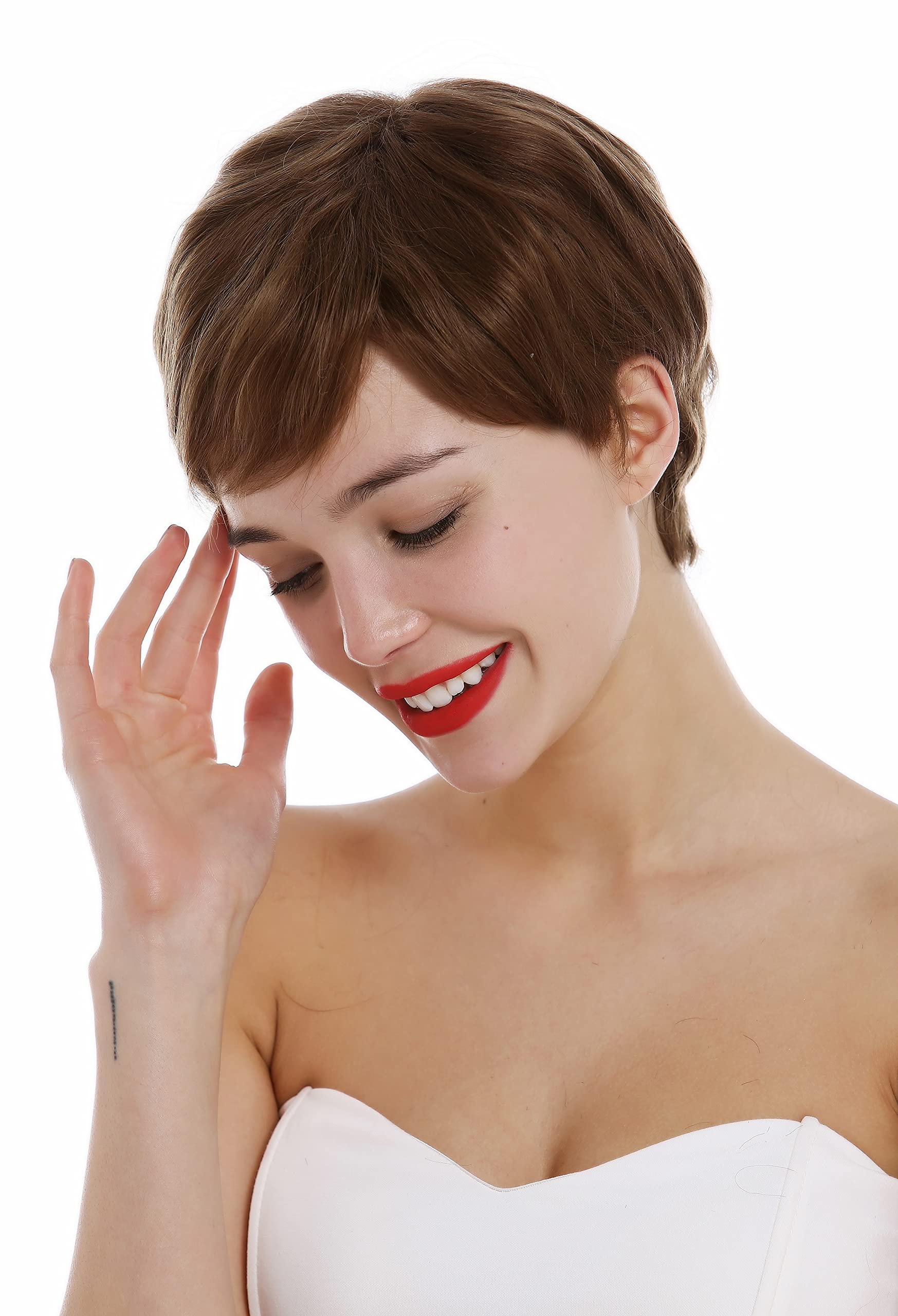 WIG ME UP-DP-HH-10 Parrucca Capelli veri Donna Uomo Corta Pixie cut Ondulata Riga Castano