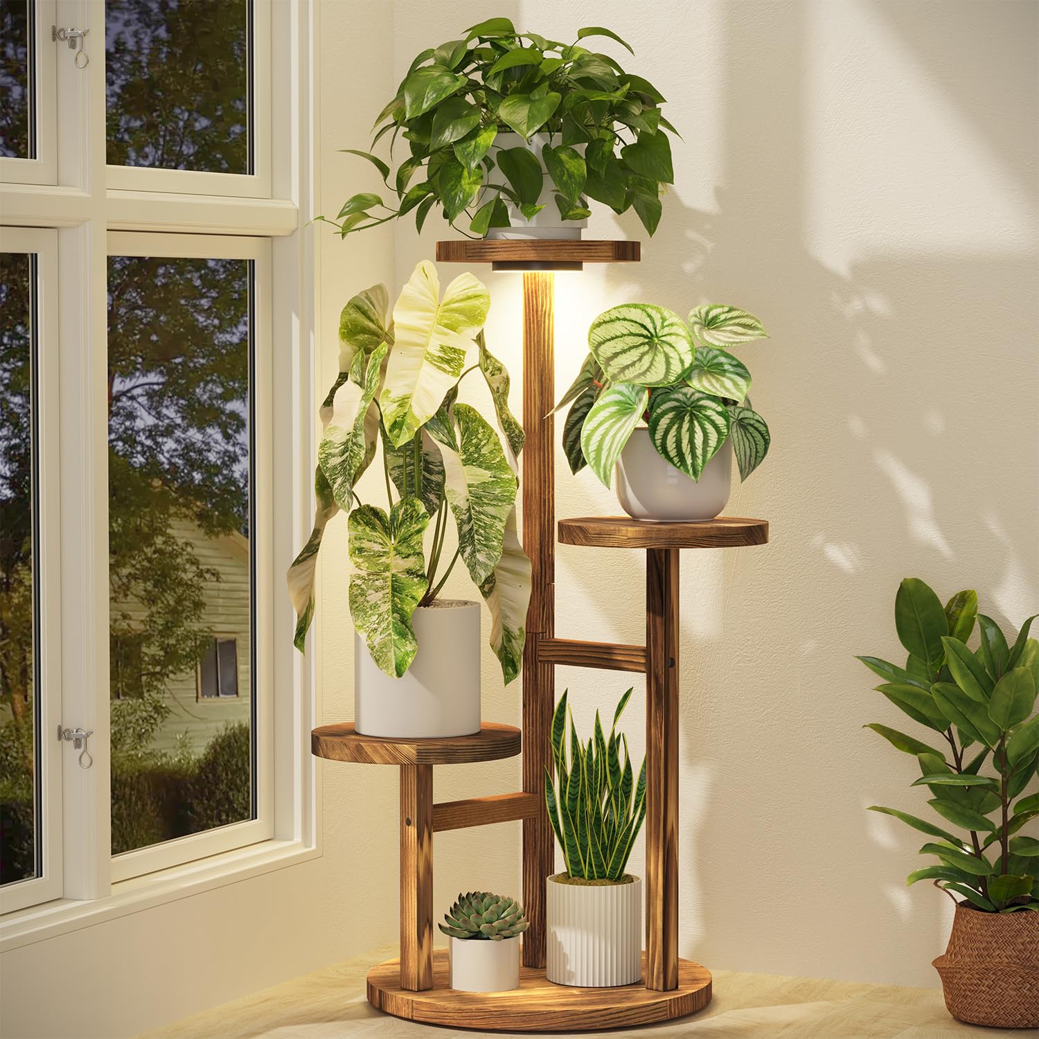 iDavosic.ly 3 Tier Wood Plant Stand Indoor Corner with Grow Light, Brown