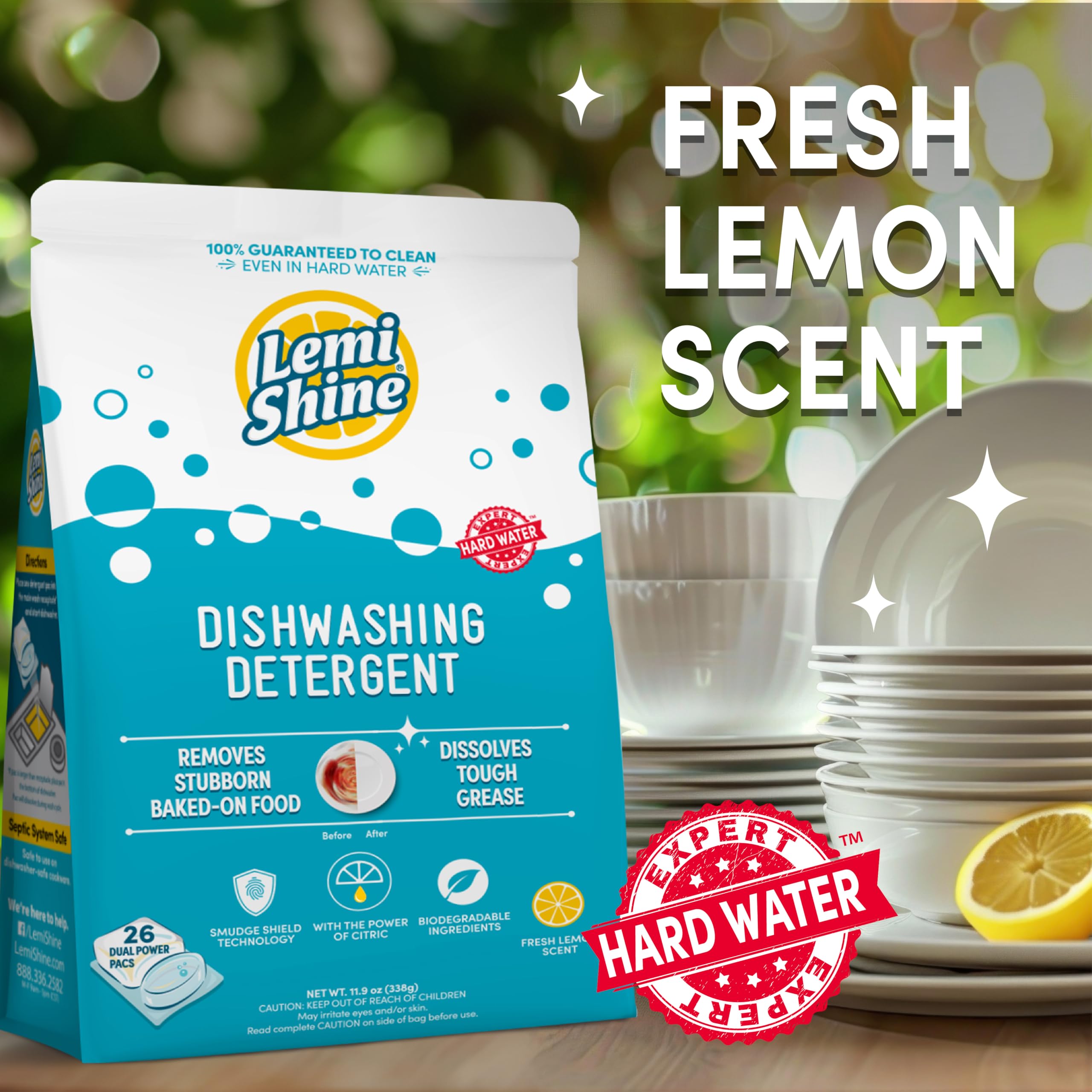 Lemi Shine Cápsulas naturales para lavavajillas, cápsulas de detergente en polvo y gel todo en uno con potente ácido cítrico, suministros de limpieza ecológicos para lavar platos (26 unidades)