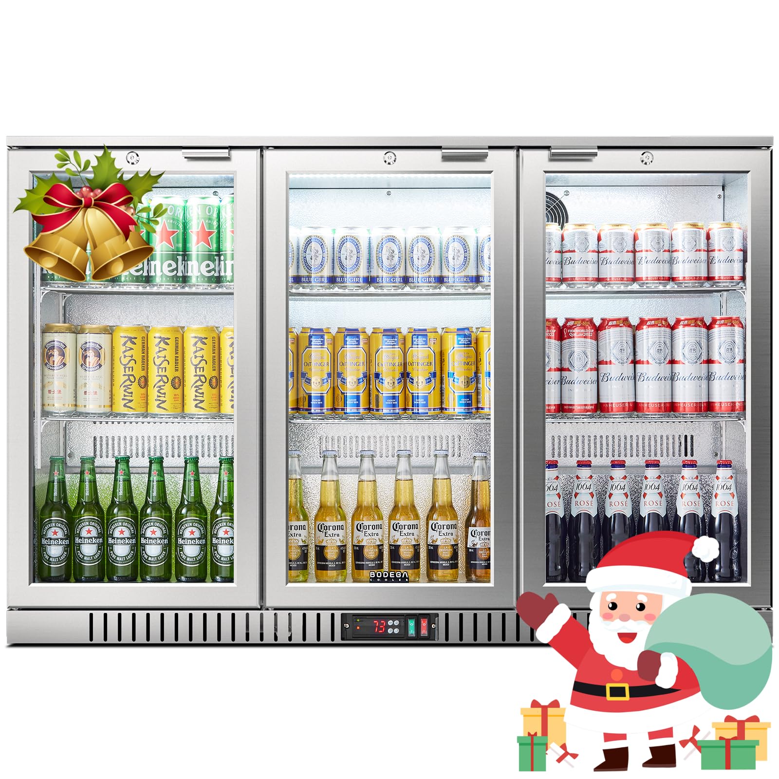 BODEGA BODEGACOOLER Back Bar Cooler With 3 Glass Doors,11.4 Cu.Ft Stainless Steel Commercial Back Bar Fridge with LED Lighting, Counter Height Bar Beverage Cooler for Beer,Soda Drinks,Wine