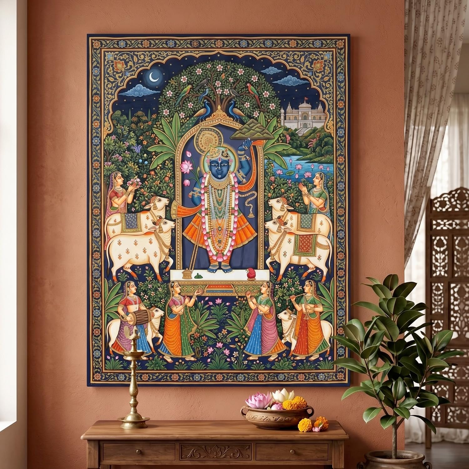 Shrinathji Pichwai Painting for Living Room Wall Decoration | Lord Krishna Nathdwara Canvas Wall Painting | Traditional Rajasthani Pichwai Art Print for Home Decor, Bedroom, Office, Temple, Vastu Wall Art (24x36 inch)-image-29