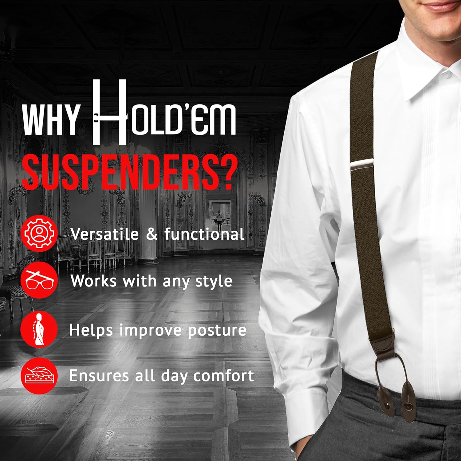 HOLD'EM Tuxedo Suspenders for Men Black Genuine Leather Button End 1.25 Inches Mens Braces Suspenders - Image 8