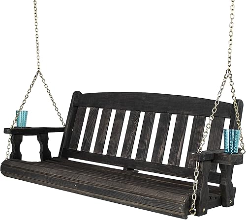 Amish - Columpio casual resistente de 800 libras con tratamiento de misión con cadenas colgantes y portavasos (5 pies, mancha negra semisólida)