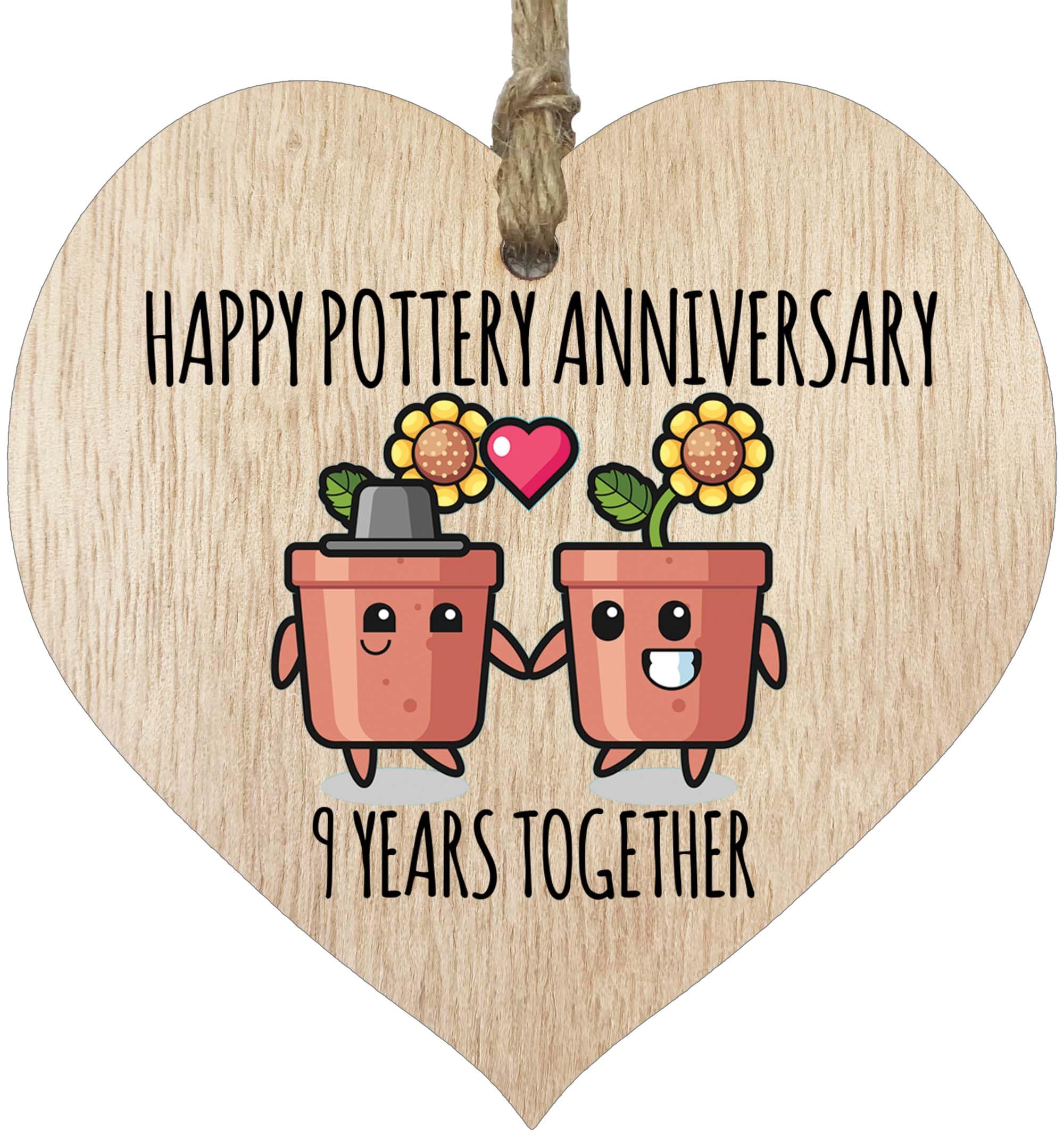 9th Wedding Anniversary Plaque Gift for Husband Wife - 9 Years Together - Happy Willow Anniversary Wooden Heart for Women Men Partner, Light Wood Sign Keepsake Gifts