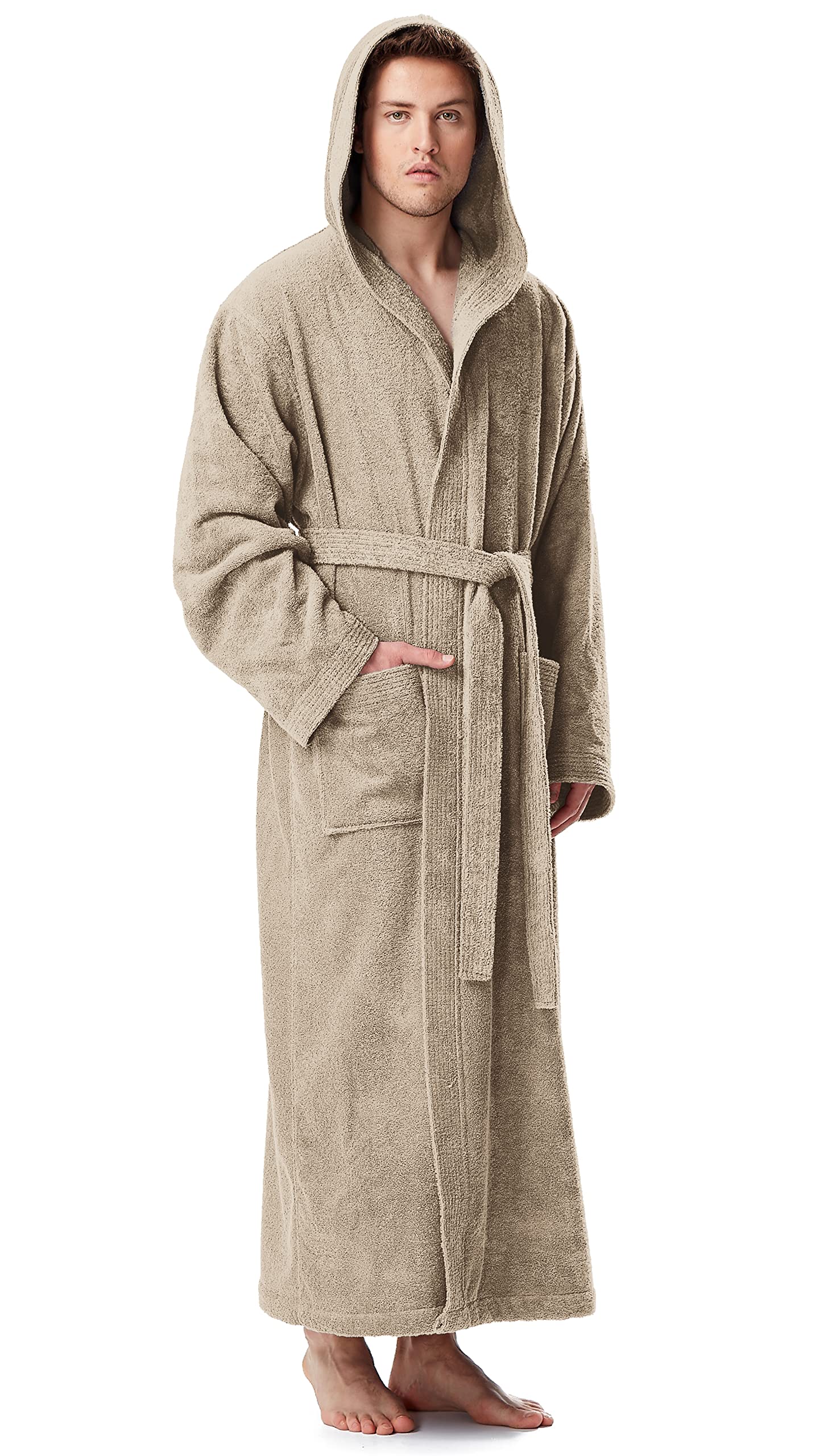 Albornoz con capucha para hombre, longitud larga, 100% tela de rizo de algodón, Azul Real, XXL-3XL