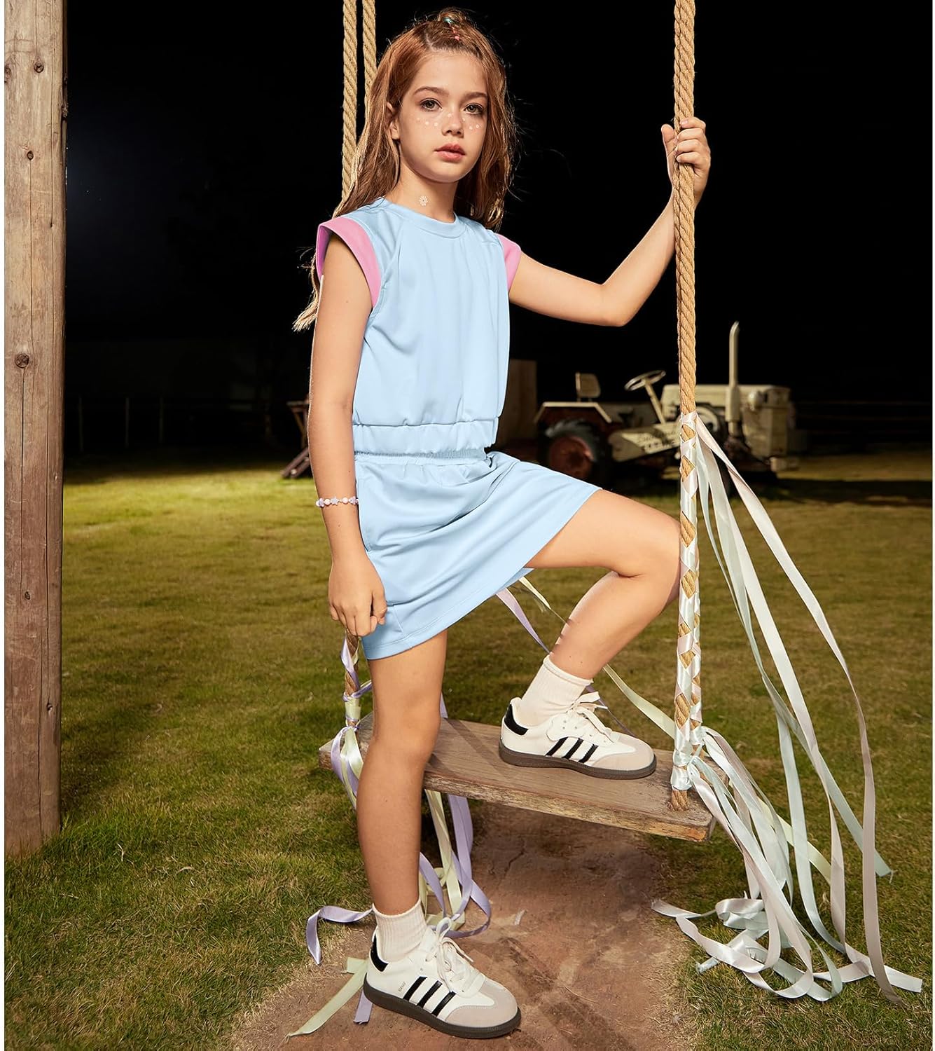 CHILDRENSTAR Girls 2 Pieces Tracksuit Summer Fall Crewneck Crop Tops and Skirts Pocketed Kids Casual Skort Sets - Image 3