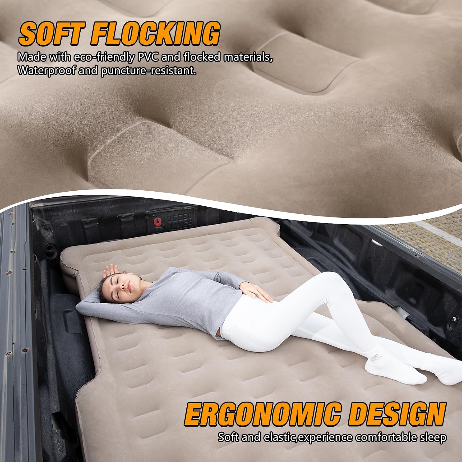 Pickup Truck Bed Air Mattress for 5.5-6.7FT Full-Size Short Pickup Beds, Soft-Touch Surface Truck Air Mattress with Rechargeable Cordless Air Pump for Camping.