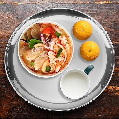 Miniatura 7 de ZEONHEI Paquete de 4 platos de acero inoxidable plateados de 12 pulgadas, platos redondos de metal plateado, platos de acero inoxidable aptos para